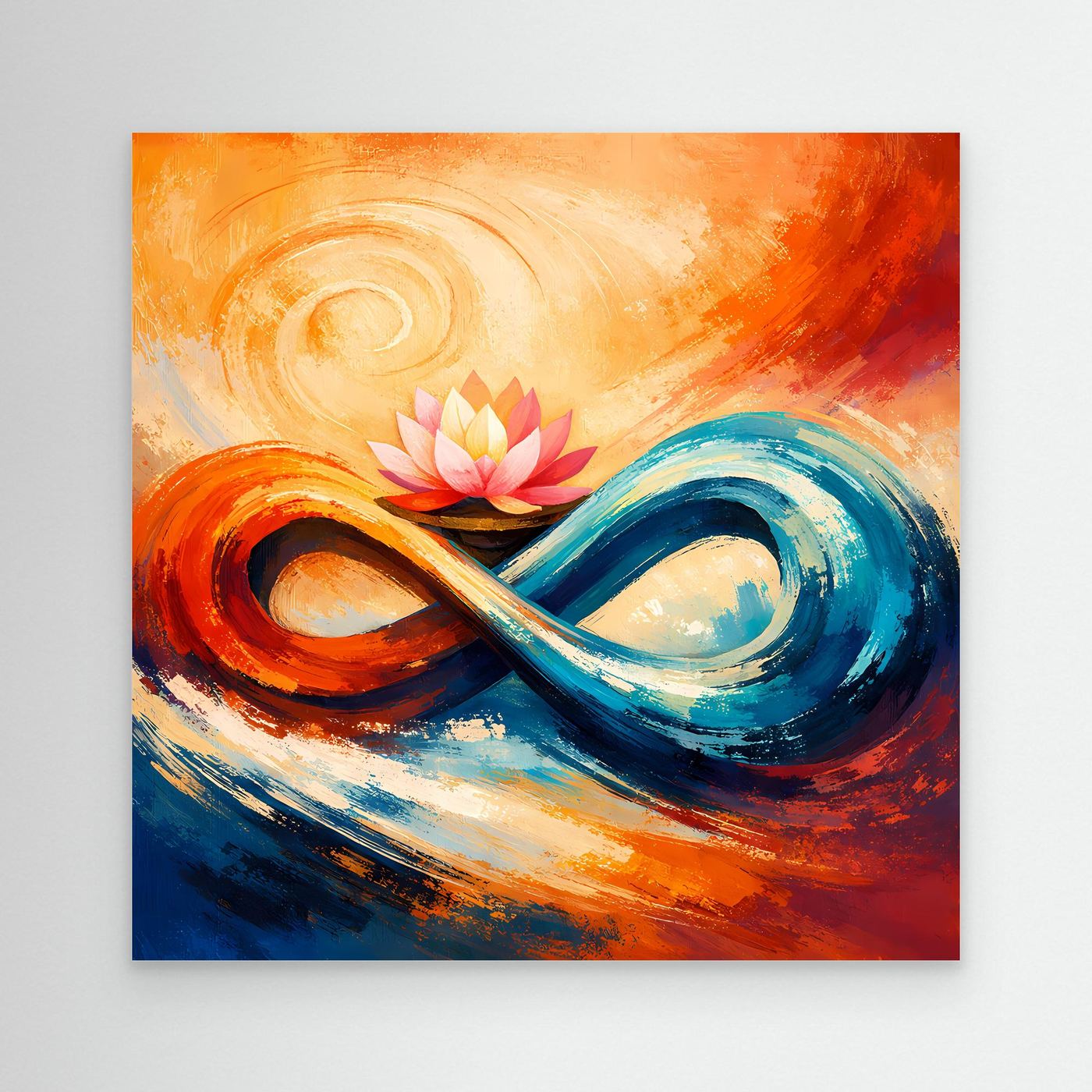 Abstraktes Leinwand-Wandbild mit Lotusblüte und Unendlichkeit in Orange, Blau und Rot