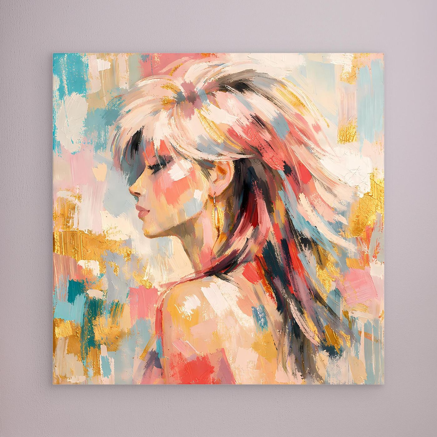 Leinwandbild mit abstraktem Frauenportrait, pastellfarben