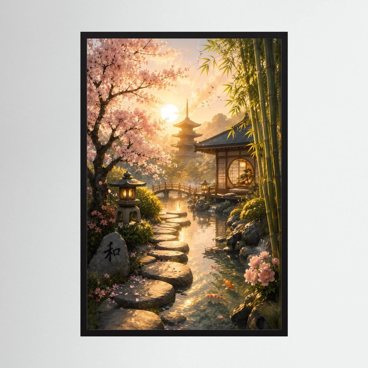 Hochformat-Poster mit japanischem Zen-Garten: Kirschblüten, Bambus und Weg im goldenen Licht, schwarzer Rahmen