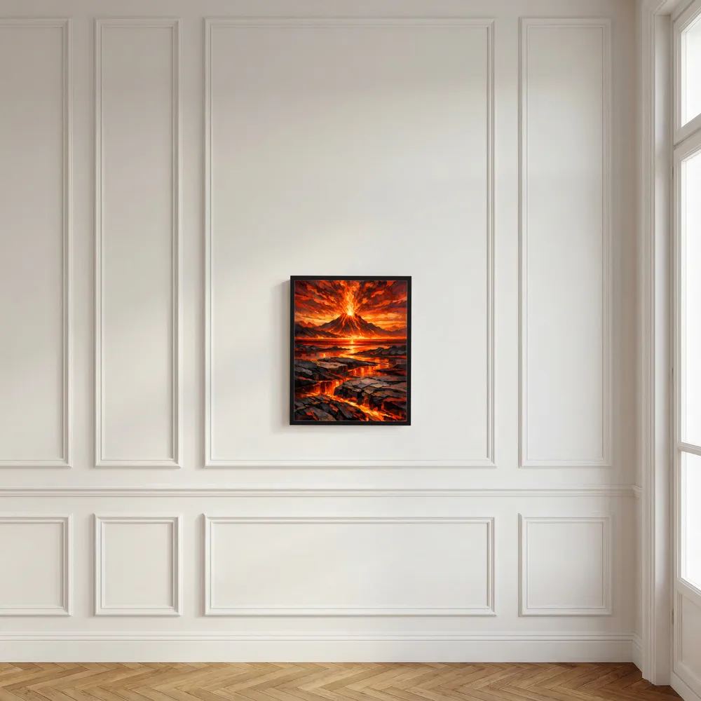 Hochformatiges Vulkan-Poster im Rahmen: glühende Lava, Feuerschlund und Meerblick
