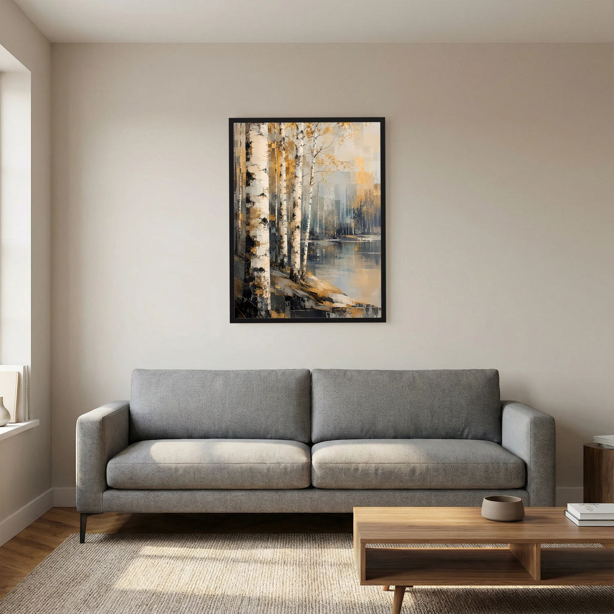 Wandposter mit abstraktem Birkenwald und Spiegelung im Wasser, Gold/Beige, schwarzer Rahmen