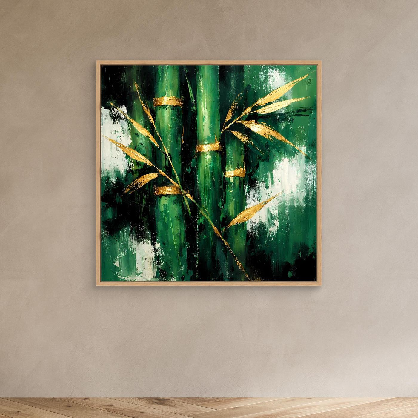 Leinwand Abstraktes Bambus Gemälde in Grün und Gold | Modernes Natur Wandbild