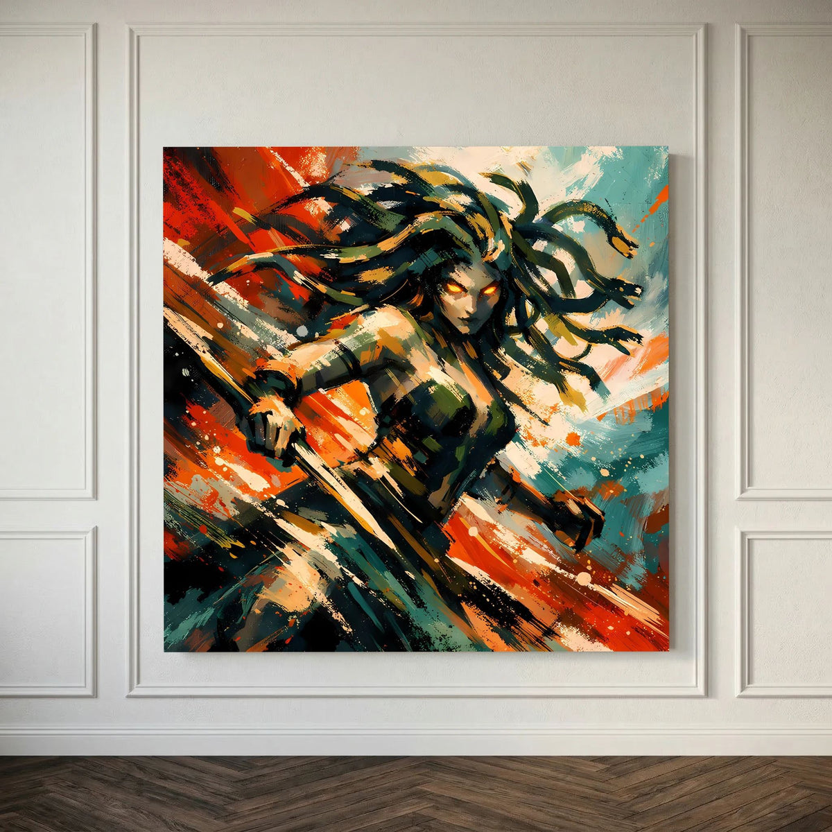 Gerahmtes Leinwandbild mit Medusa, orangefarbene und türkisfarbene Pinselstriche