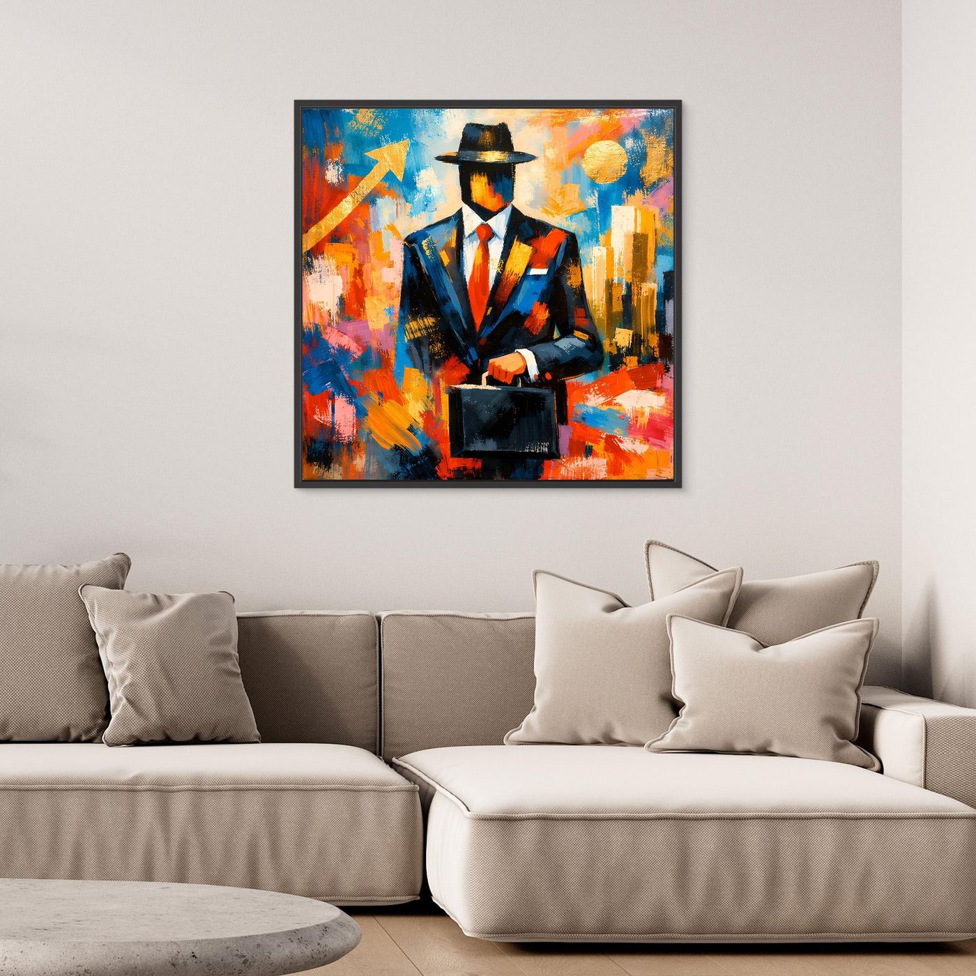 Leinwandbild in Pop-Art: farbiges Porträt eines Geschäftsmanns mit Hut und Koffer