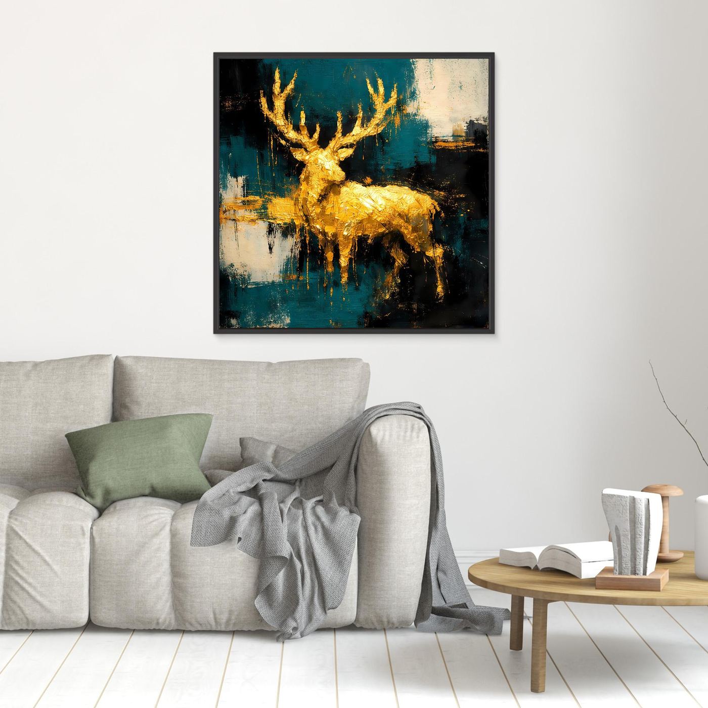 Leinwand Goldener Hirsch in abstrakter Landschaft | Modernes Edel-Tier Wandbild