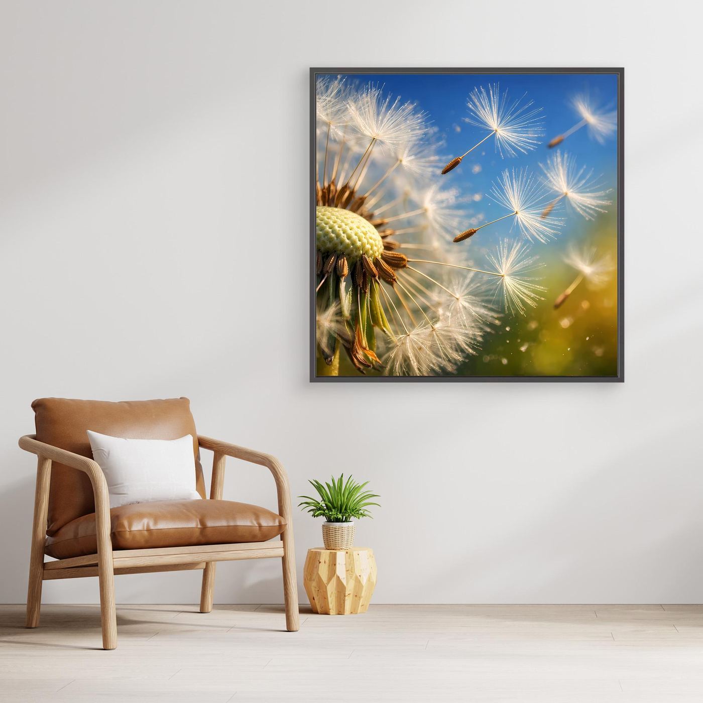 Leinwandbild mit Löwenzahn-Pusteblumen-Makro, gelb-grün und hell, blauer Hintergrund, mit hellem Holzrahmen