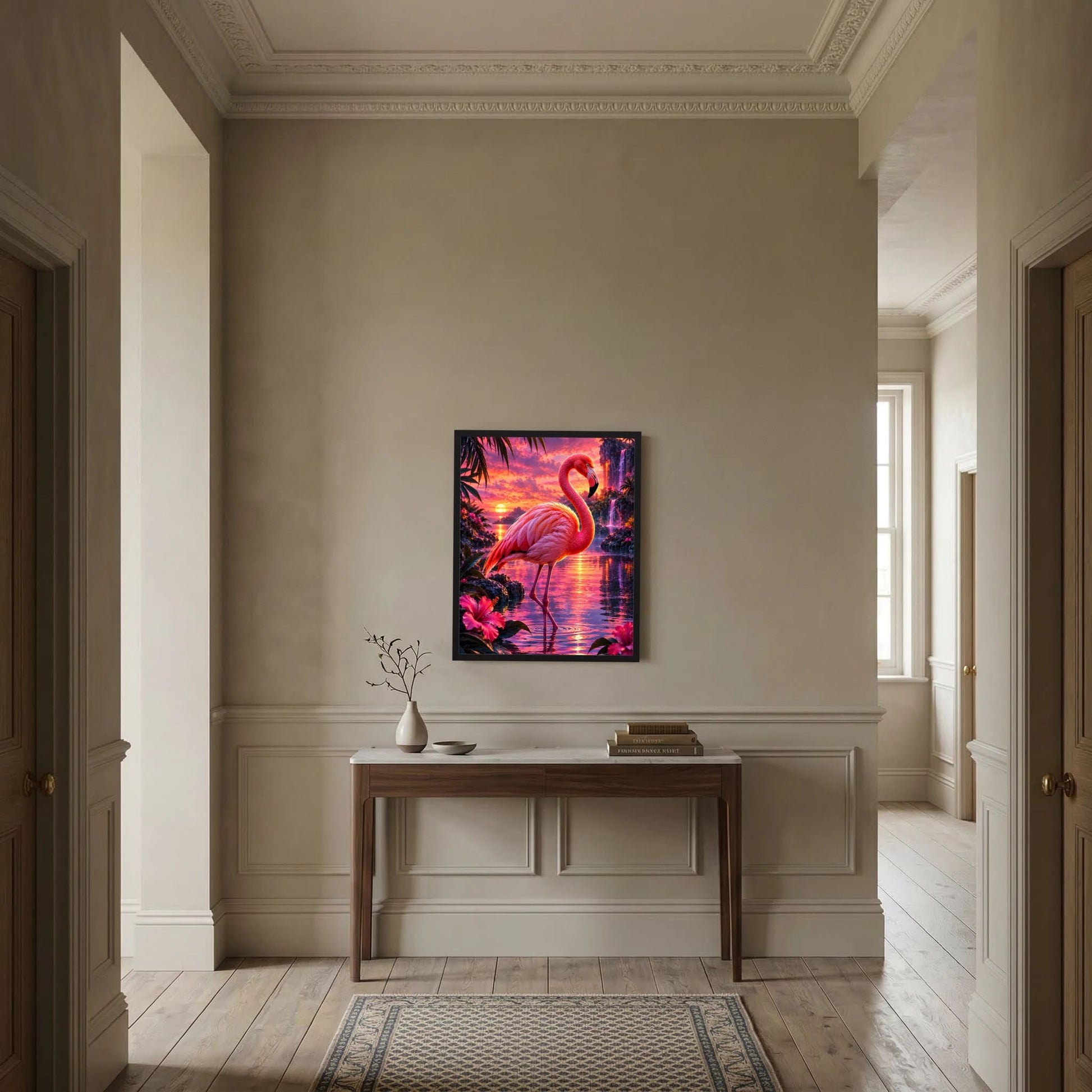 Flamingo-Wandposter im Rahmen auf Konsole im Flur: Tropenlandschaft mit Sonnenuntergang