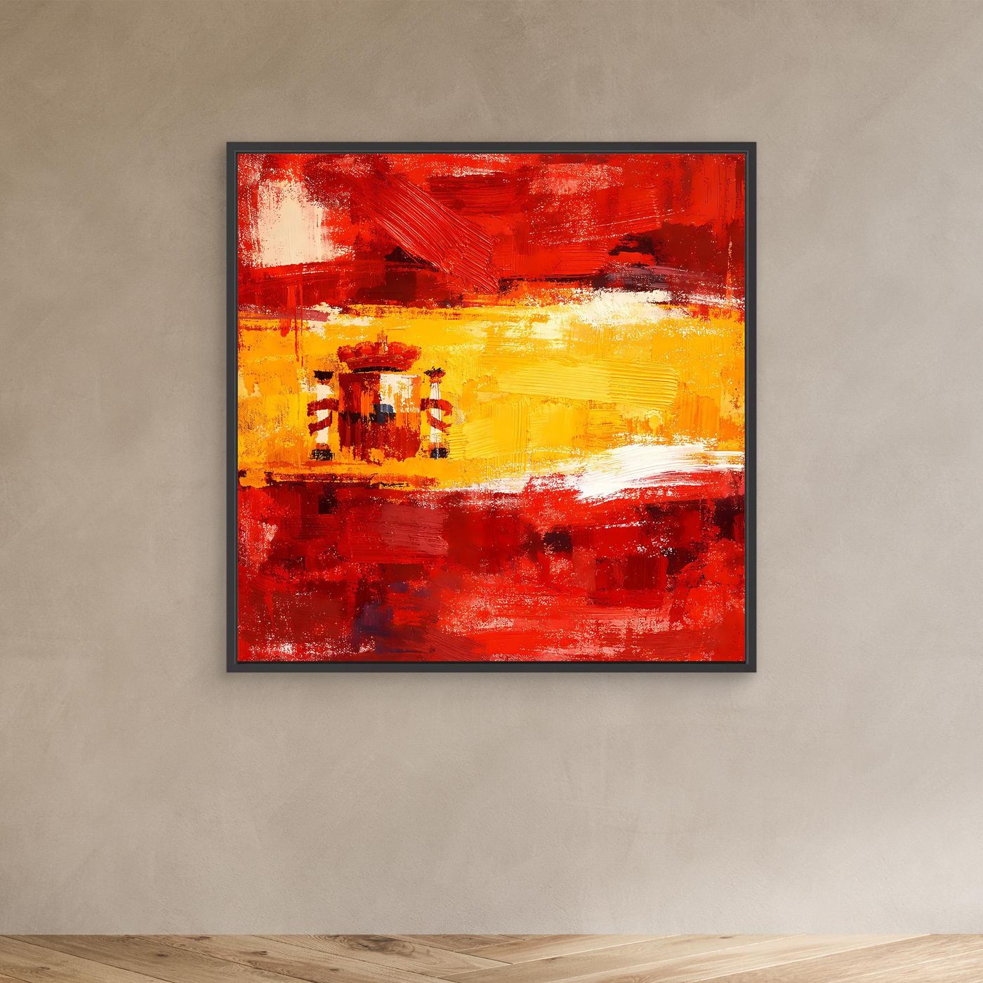 Abstract canvas wall art: red and yellow Spain flag brushstrokes, black frame