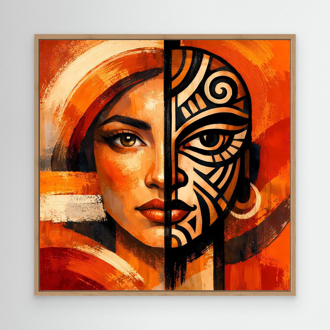 Leinwandbild mit Frauenporträt und Maskenhälfte, orange/rot, schwarz-grafische Muster, Holzrahmen