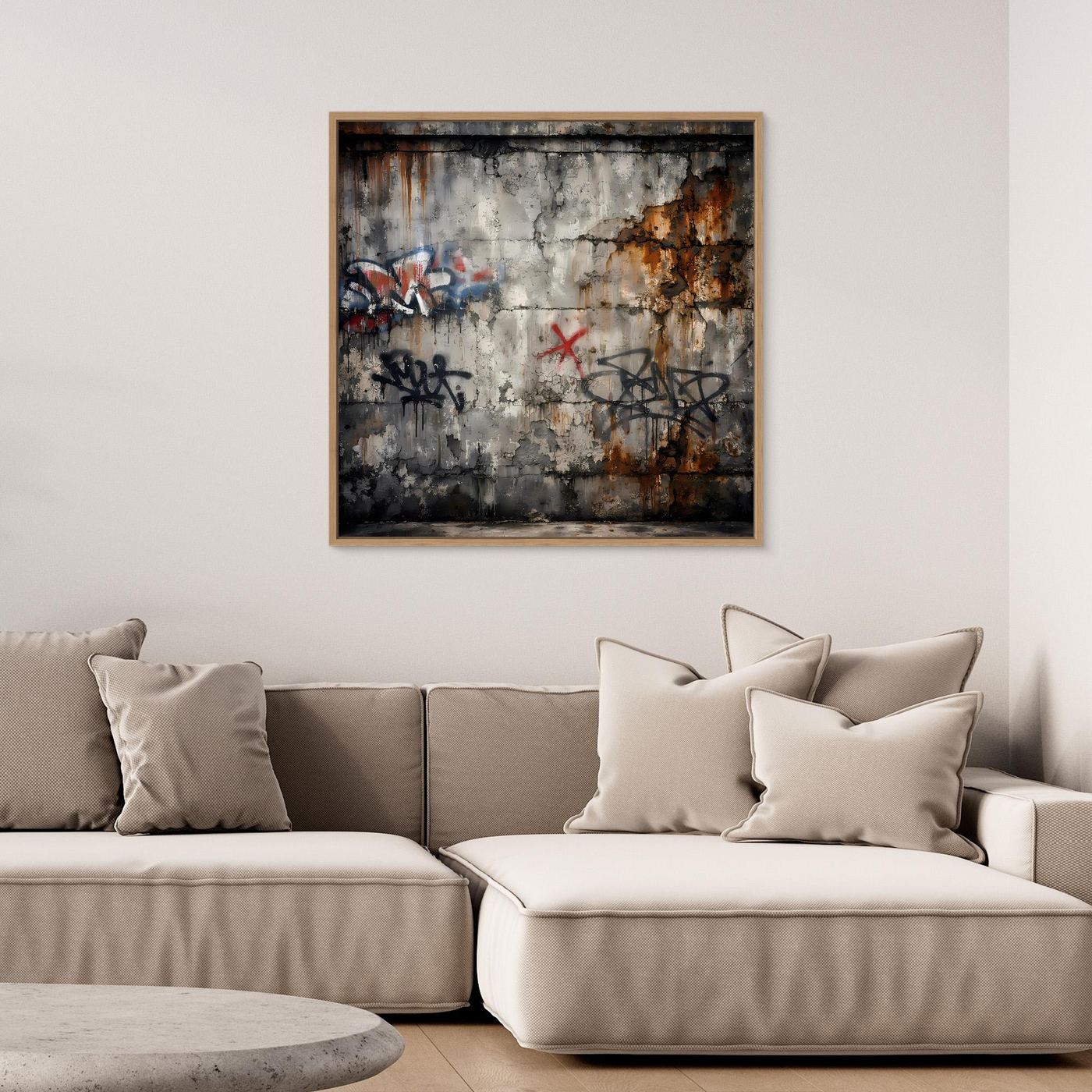 Leinwandbild mit Urban-Graffiti auf Betonoptik, goldbrauner Holzrahmen