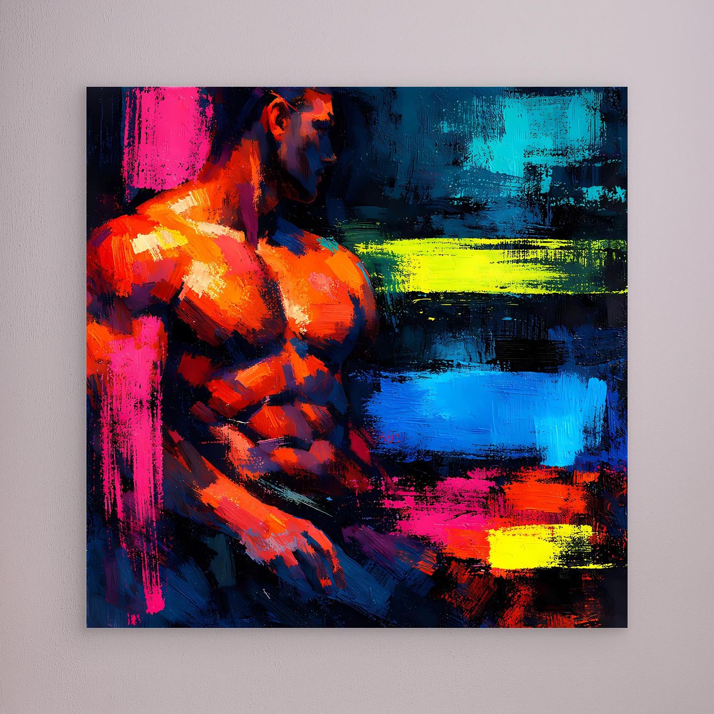 Leinwandbild Abstrakter Männlicher Torso | Moderner Neon-Kunst Wandbild auf echtem Holzkeilrahmen