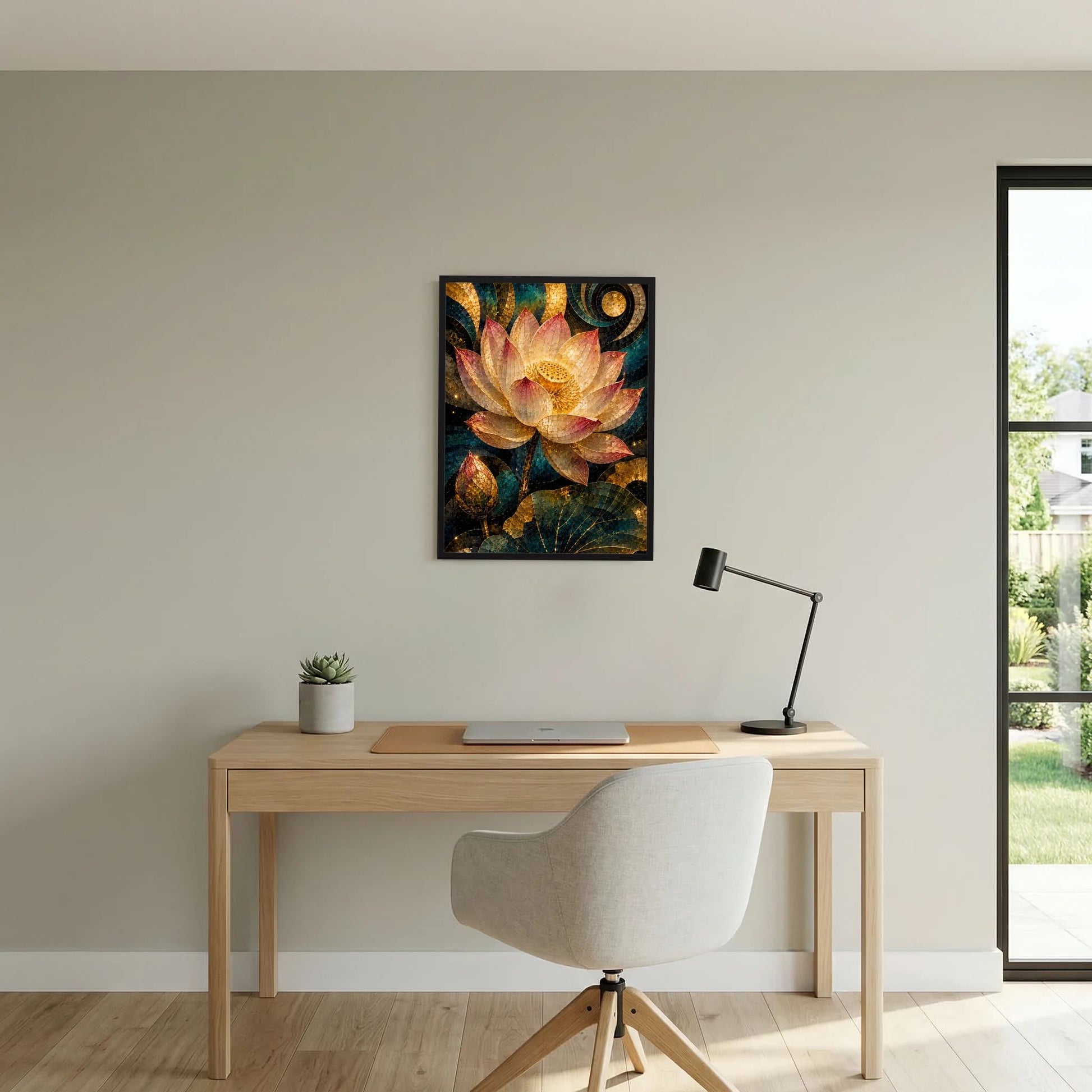 Poster mit Lotusblüte im Mosaikstil, goldene Spiralmotive oben, schwarzer Rahmen