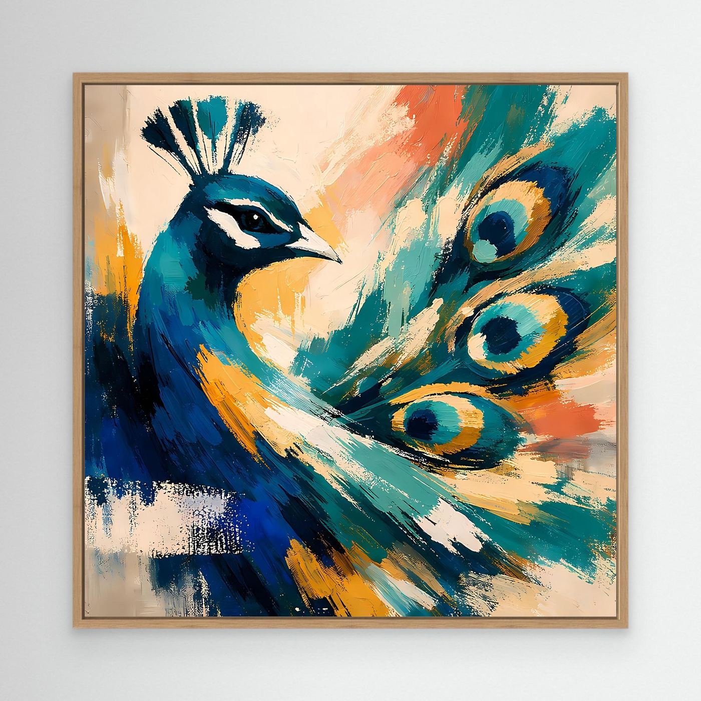 Abstract peacock canvas wall art close-up with light wood frame and blue teal feathers