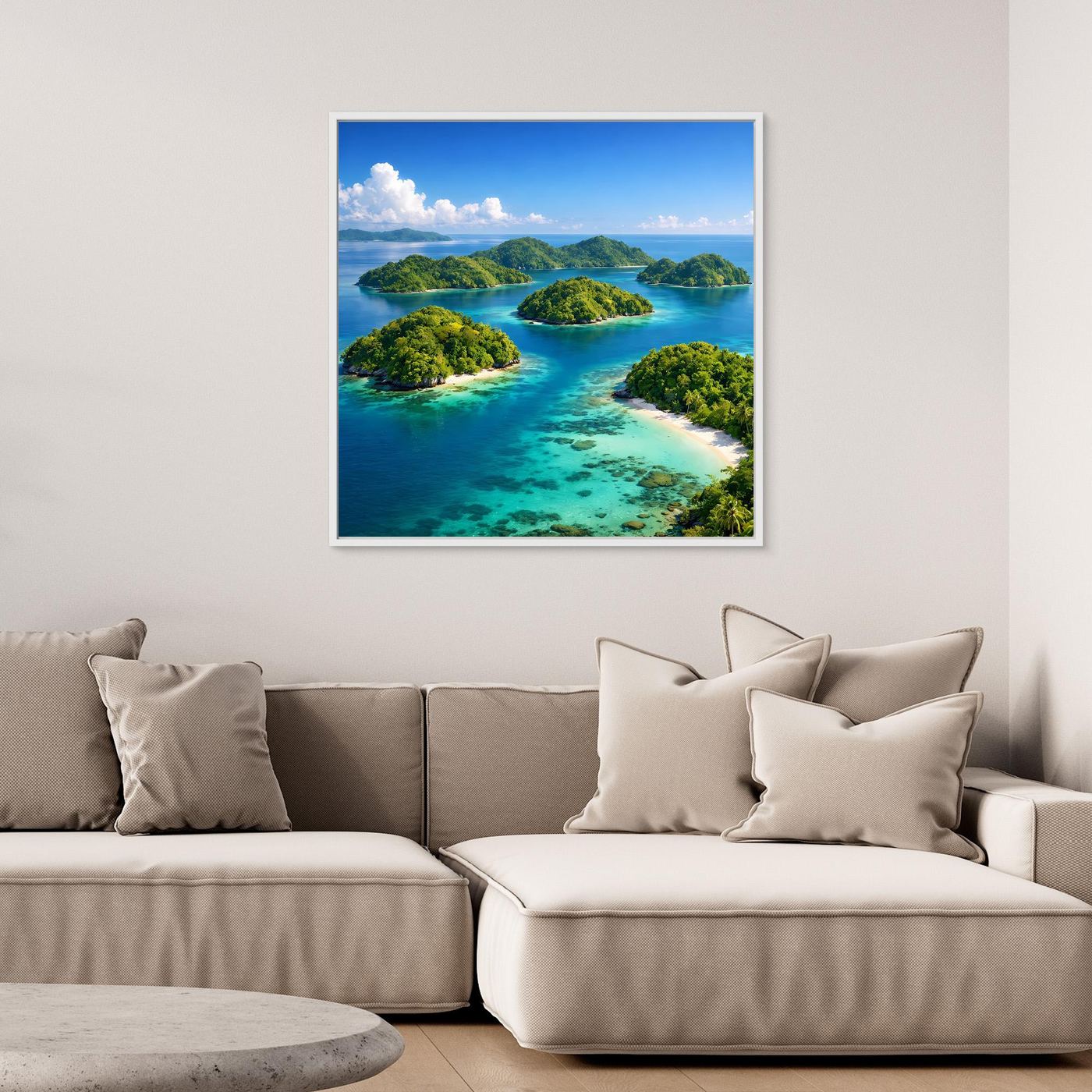 Leinwandbild tropische Insel mit türkisfarbenem Wasser und Sandbucht, mit hellem Rand