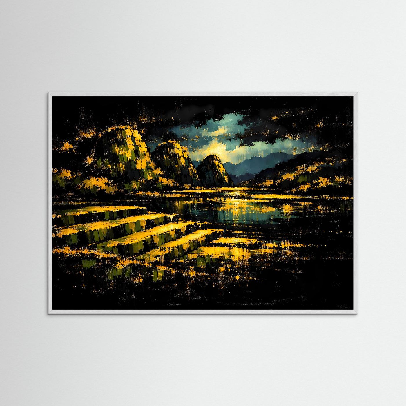 Goldene Nacht über dem Bergsee | Mystisches Natur & Landschaft Poster Querformat