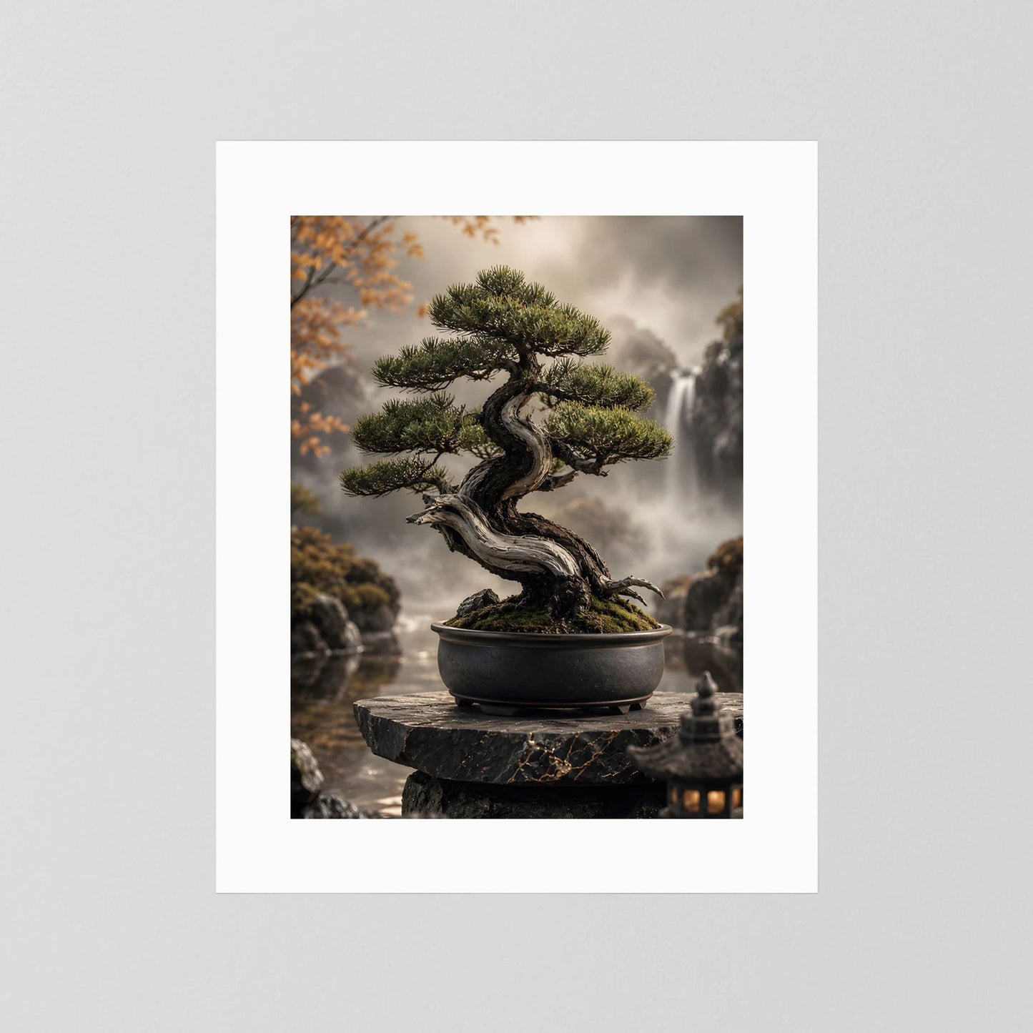 Bonsai-Baum-Poster ohne Rahmen, weiß hinterlegtes Motiv mit Bonsai in Schale
