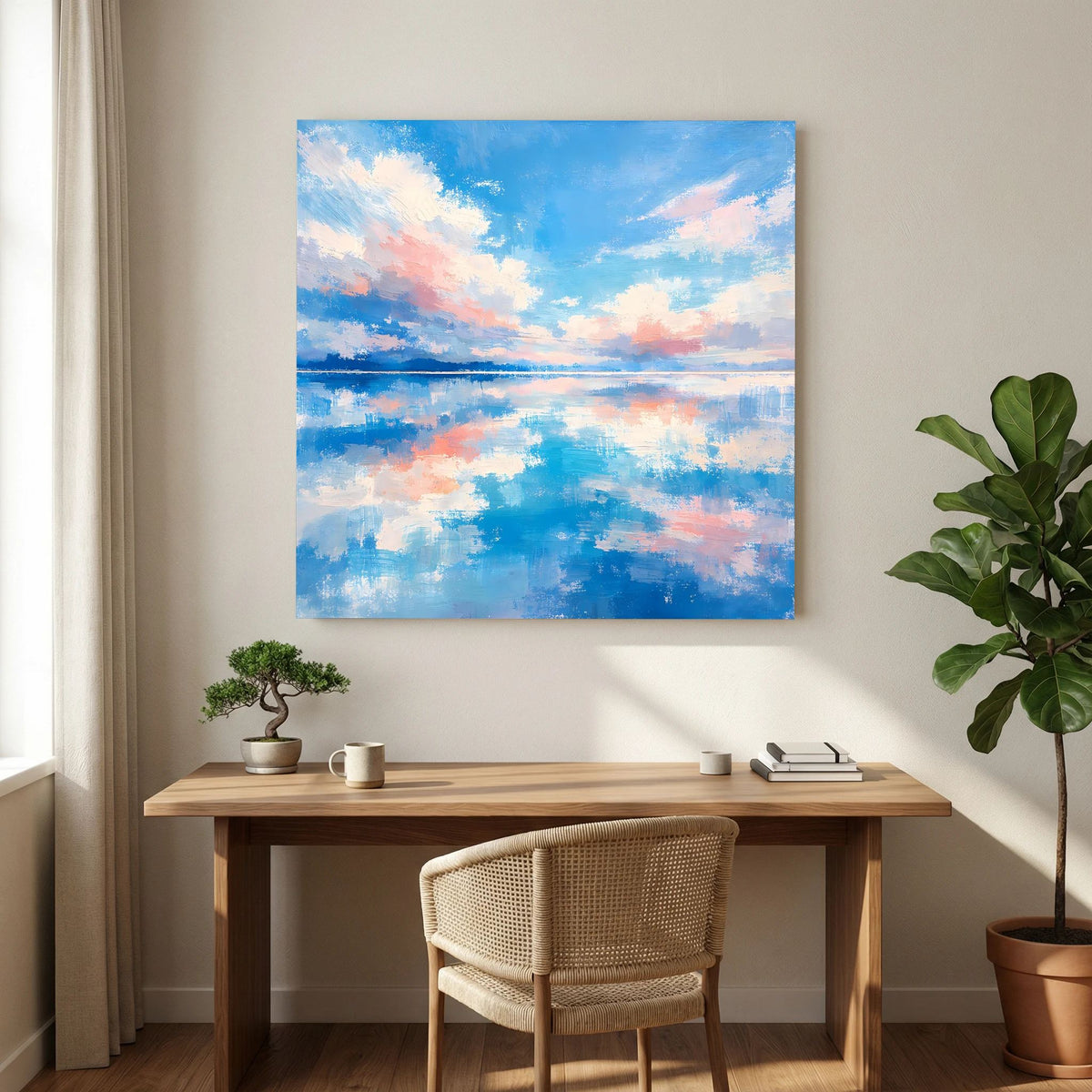 Abstraktes Meeres-Wandbild auf Keilrahmen: blauer Himmel, Wolken und sanfte Farbverläufe