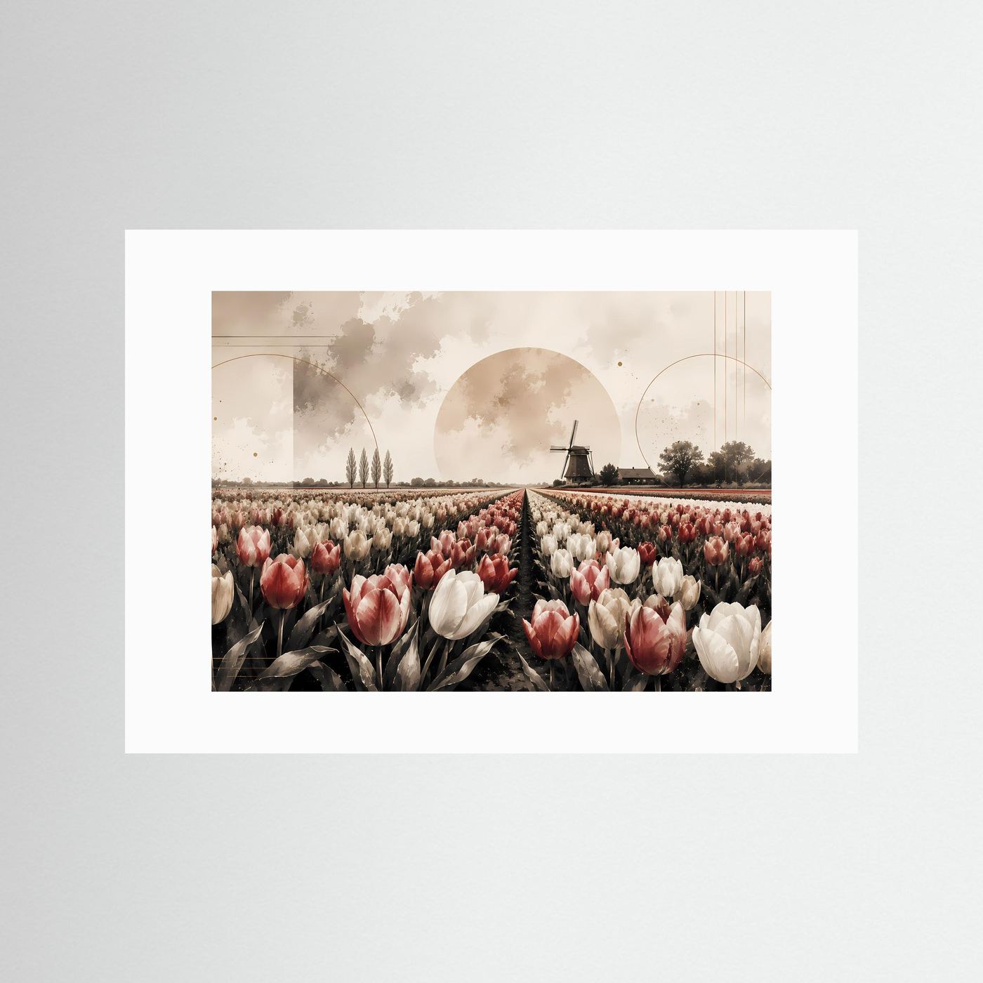 Poster Querformat mit Tulpenfeld und Windmühle, Beige-Rosa-Creme, weiß hinterlegt