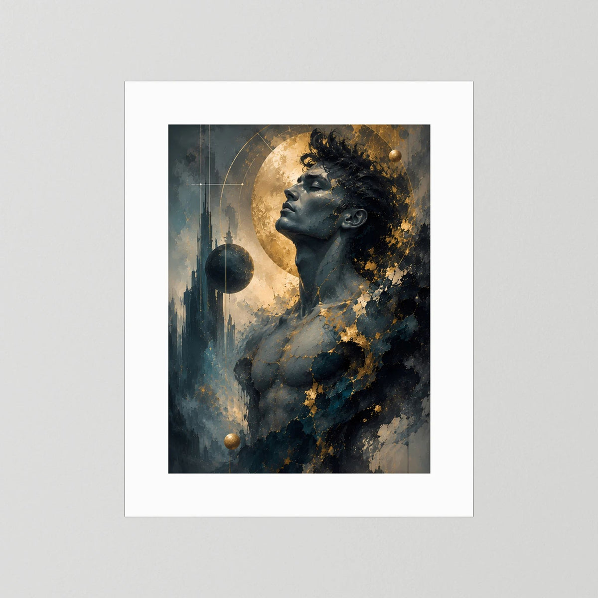 Kosmischer Mann in Gold und Anthrazit | Mystische abstrakte Weltraumkunst | Poster Hochformat
