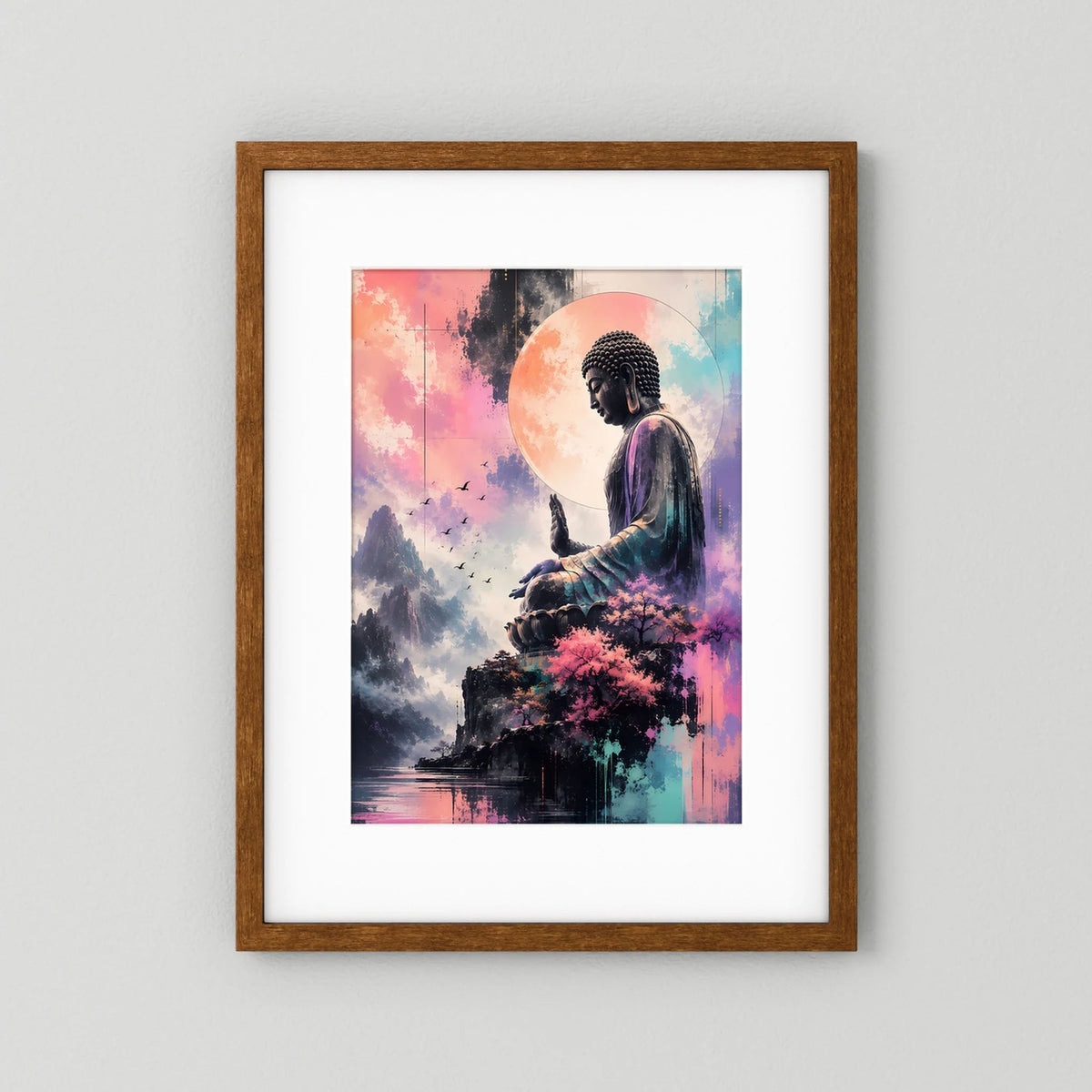 Hochformatiges Buddha-Poster mit meditierender Figur, Bergen und Kirschblüten, Eichenholzrahmen