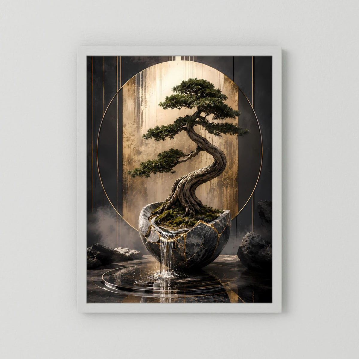 Hochformat-Poster Bonsai im dunklen Topf, schwarz-goldene Linien, weißer Rand
