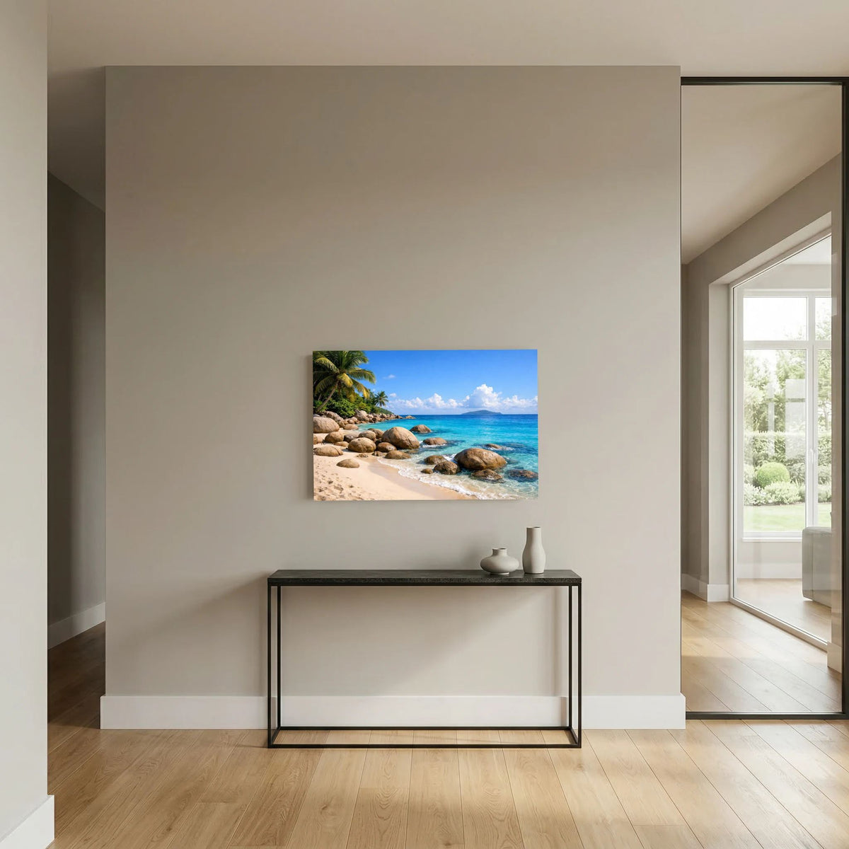 Poster im Querformat mit Strandmotiv, Palmen und Granitfelsen