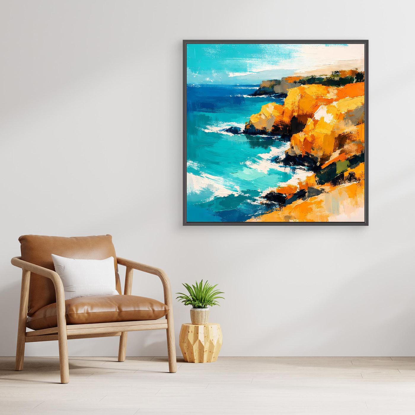 Leinwand Abstraktes Steilküsten Gemälde | Modernes Mediterranes Meeres Wandbild Blau Gelb