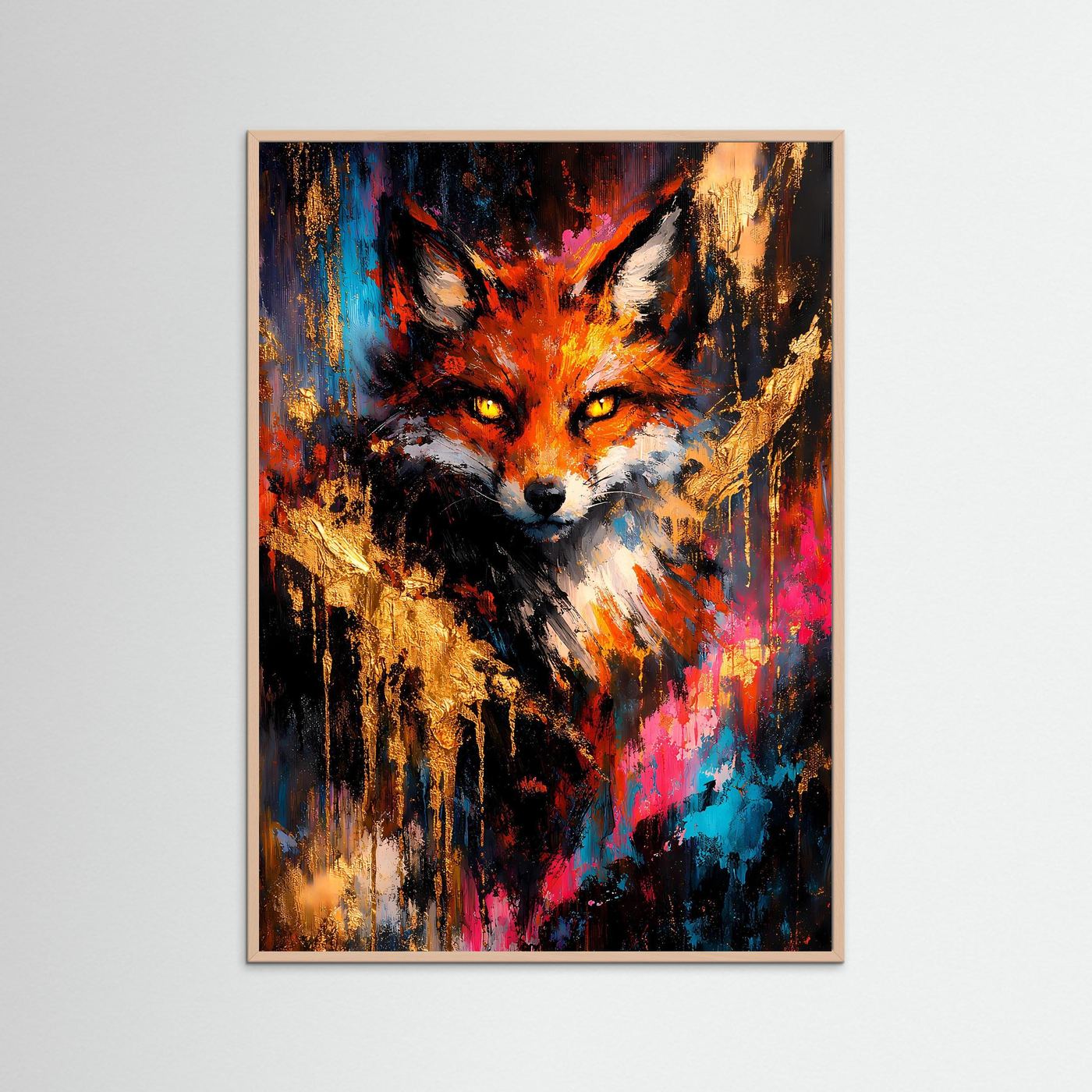 Abstraktes Fuchs-Kunstposter, hochkant, im hellen Holzrahmen; fuchsfarbener Kopf mit bunten Spritzern.