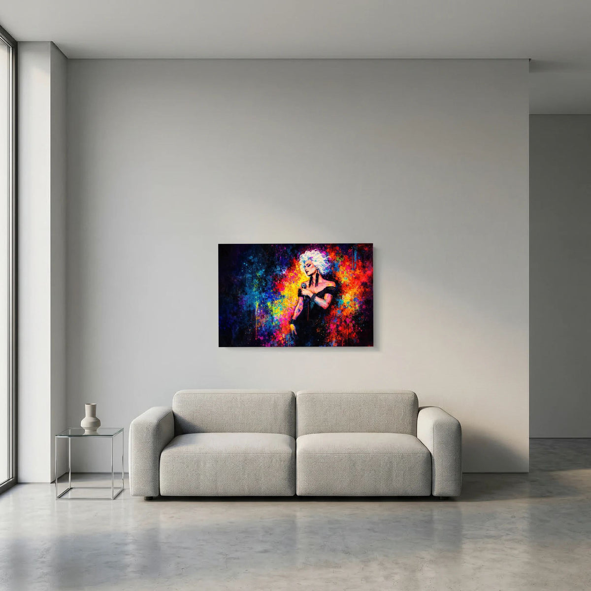 Wandbild mit Sängerin-Motiv, Mikrofon in Pop-Art-Farben, rechteckig, Querformat.