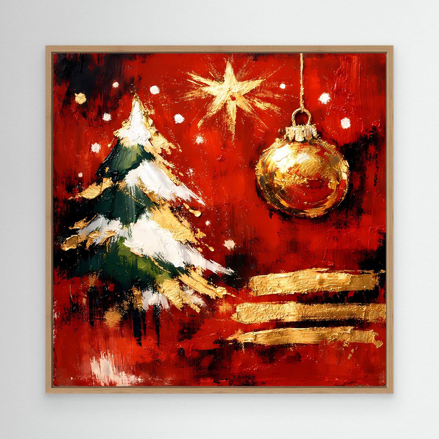 Weihnachts-Wandbild mit hellem Holzrahmen, rote Abstraktion: goldener Baum, goldene Kugel und Stern