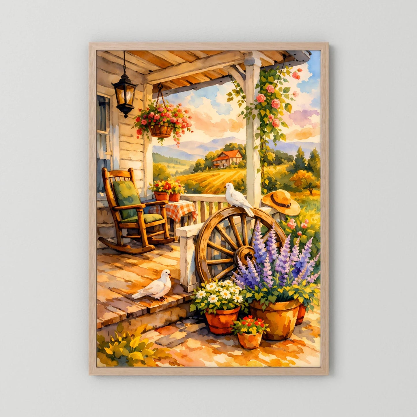 Kunstposter mit Veranda, Blumen und Tauben, Holzrad und Töpfe, beigefarbener Holzrahmen