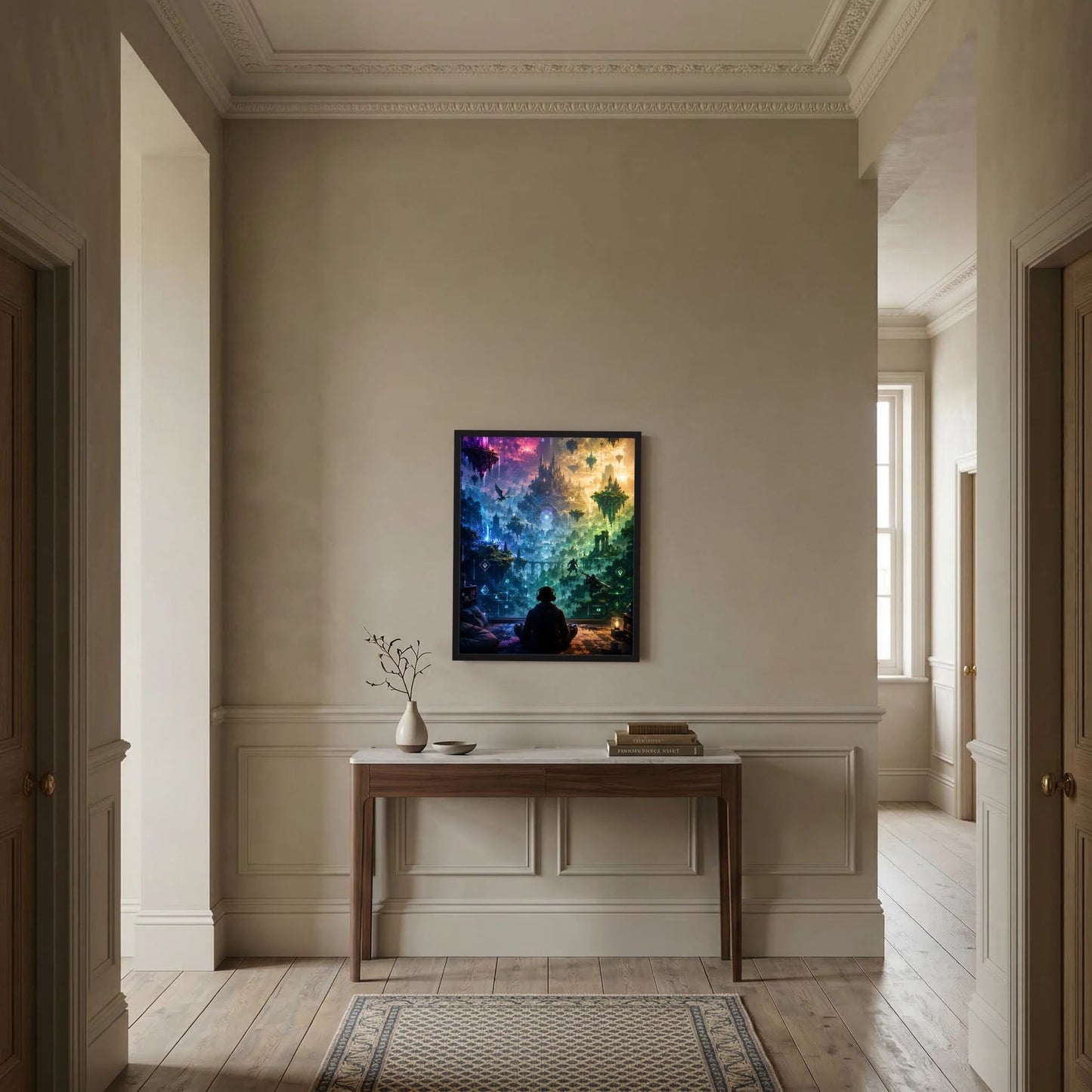 Kunstposter im schwarzen Rahmen in eleganter Flurgestaltung, mehrfarbige Gaming-Fantasy