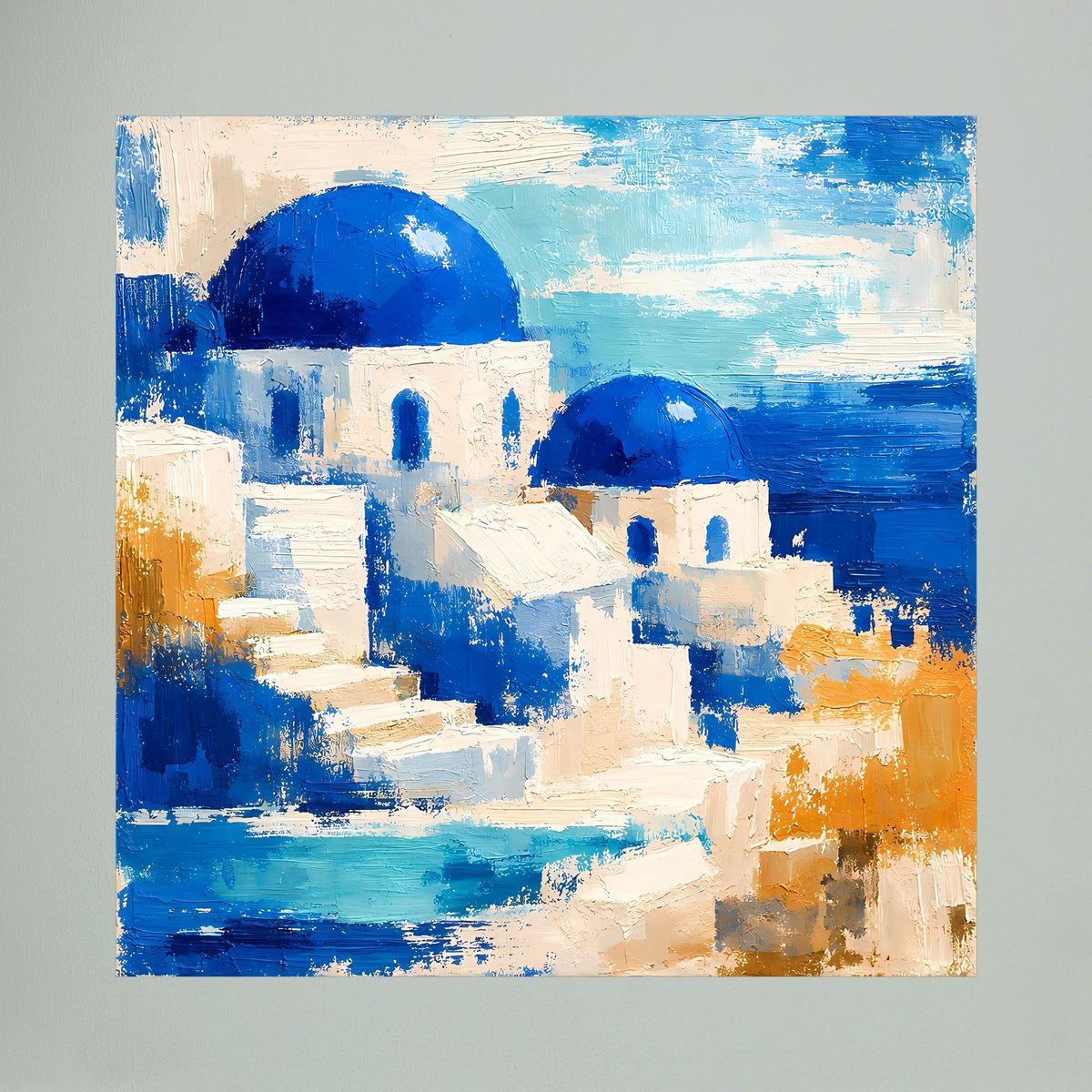 Quadratisches Wandbild: abstrakte Häuser mit blauen Kuppeln, weißem Mauerwerk, orange Akzenten