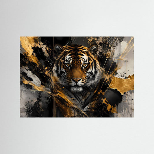 Tiger-Kunstposter mit goldenen Spritzakzenten, zentral, ohne Rahmen