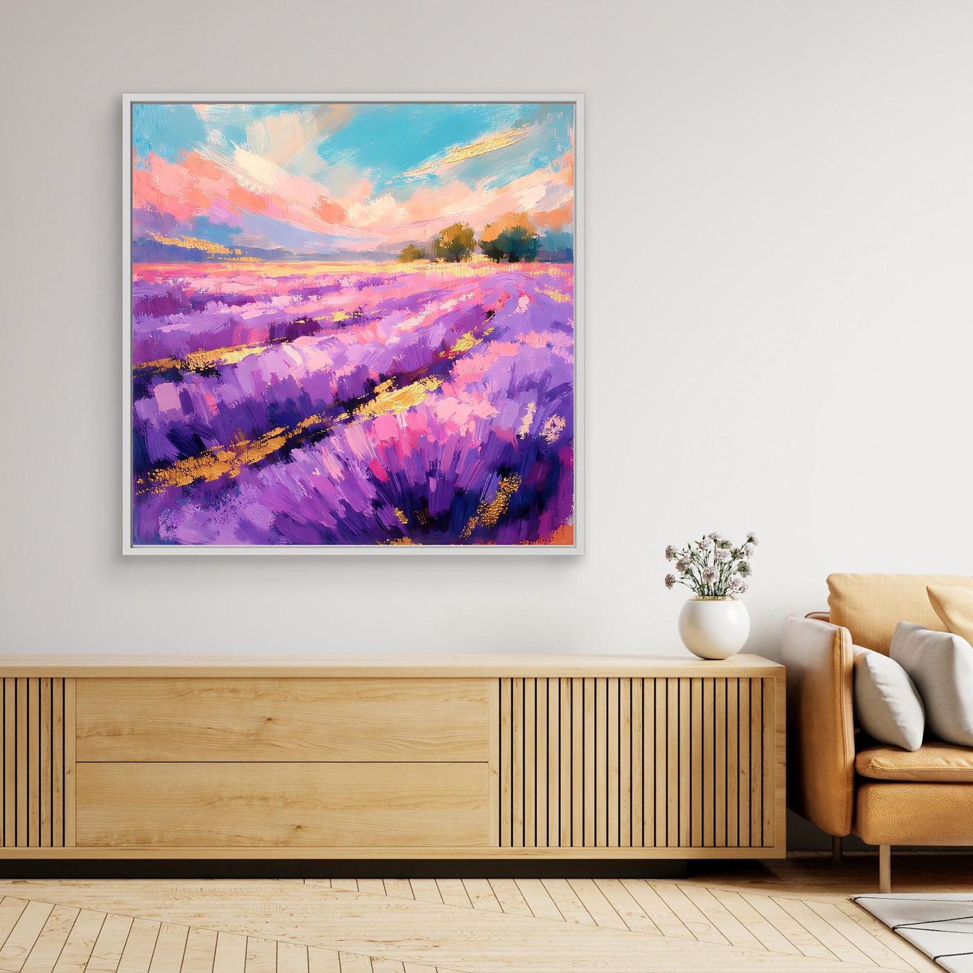 Abstraktes Leinwandbild Lavendelfeld mit violetten Feldern, weißem Rahmen