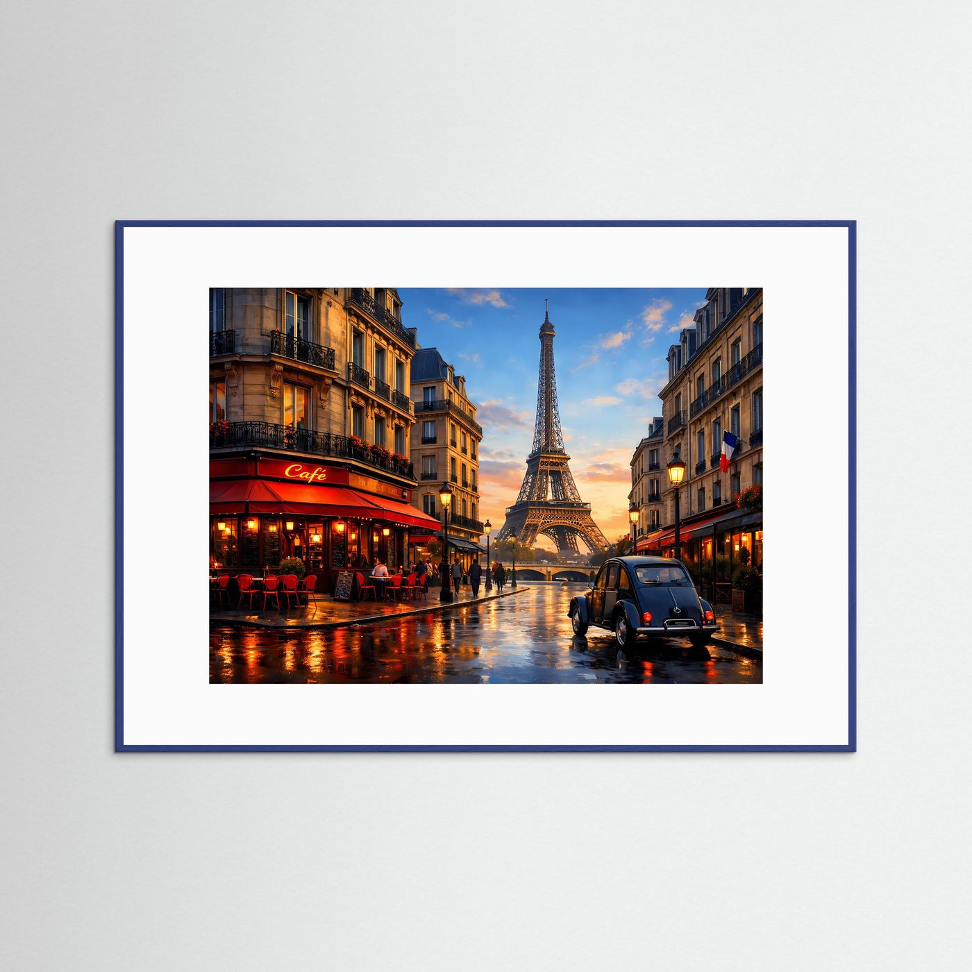 Querformat-Poster mit Paris-Motiv und Eiffelturm im blauen Rahmen