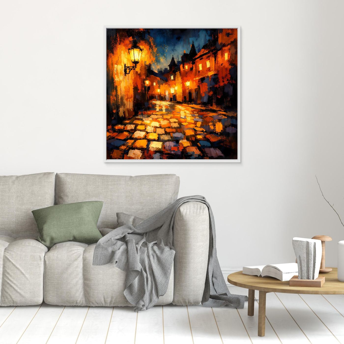 Leinwand Abstraktes Altstadt Gemälde | Modernes Romantisches Gassen Wandbild bei Nacht