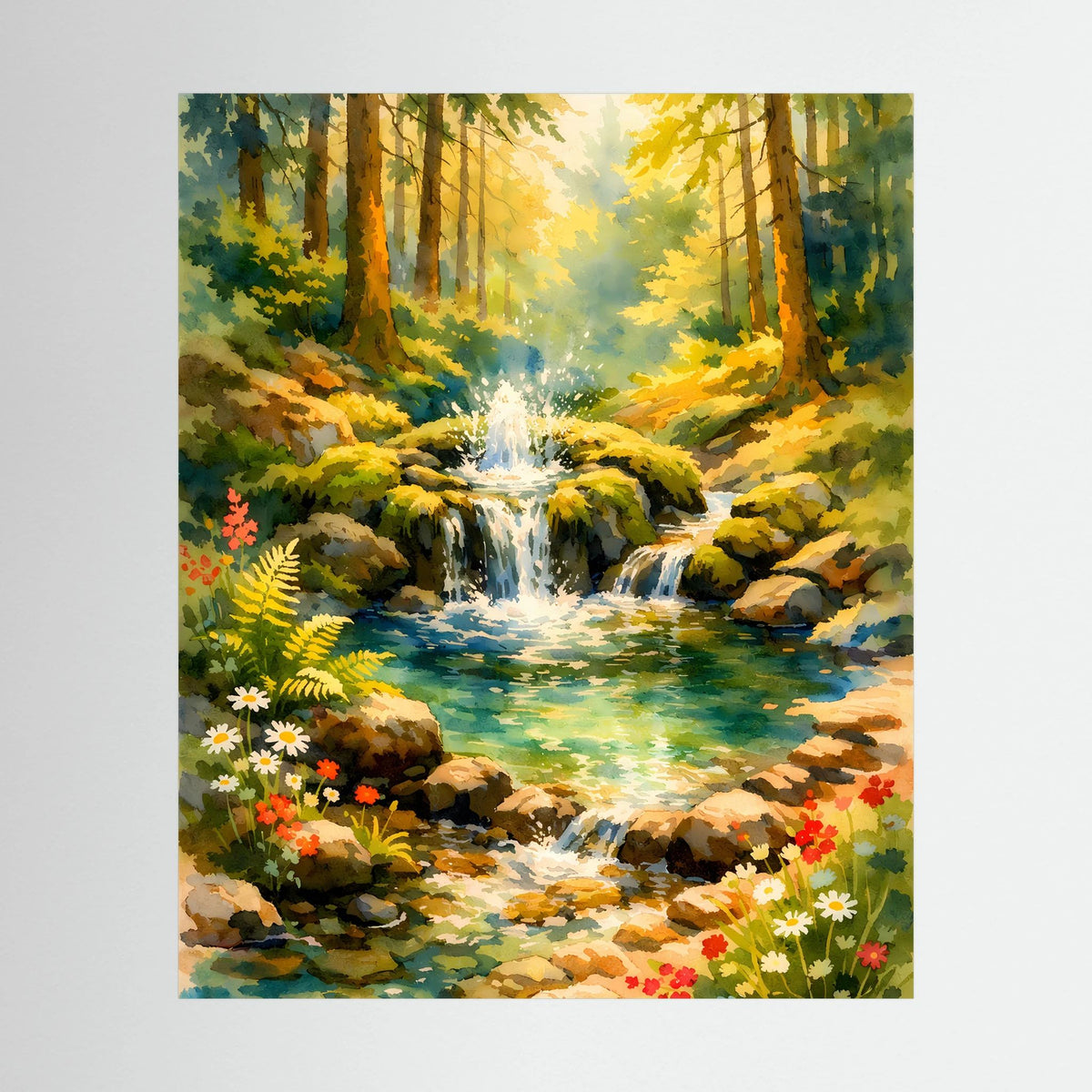 Aquarell-Poster: Wasserfall und Bach im Wald, Blumen am Ufer, ohne sichtbaren Rahmen