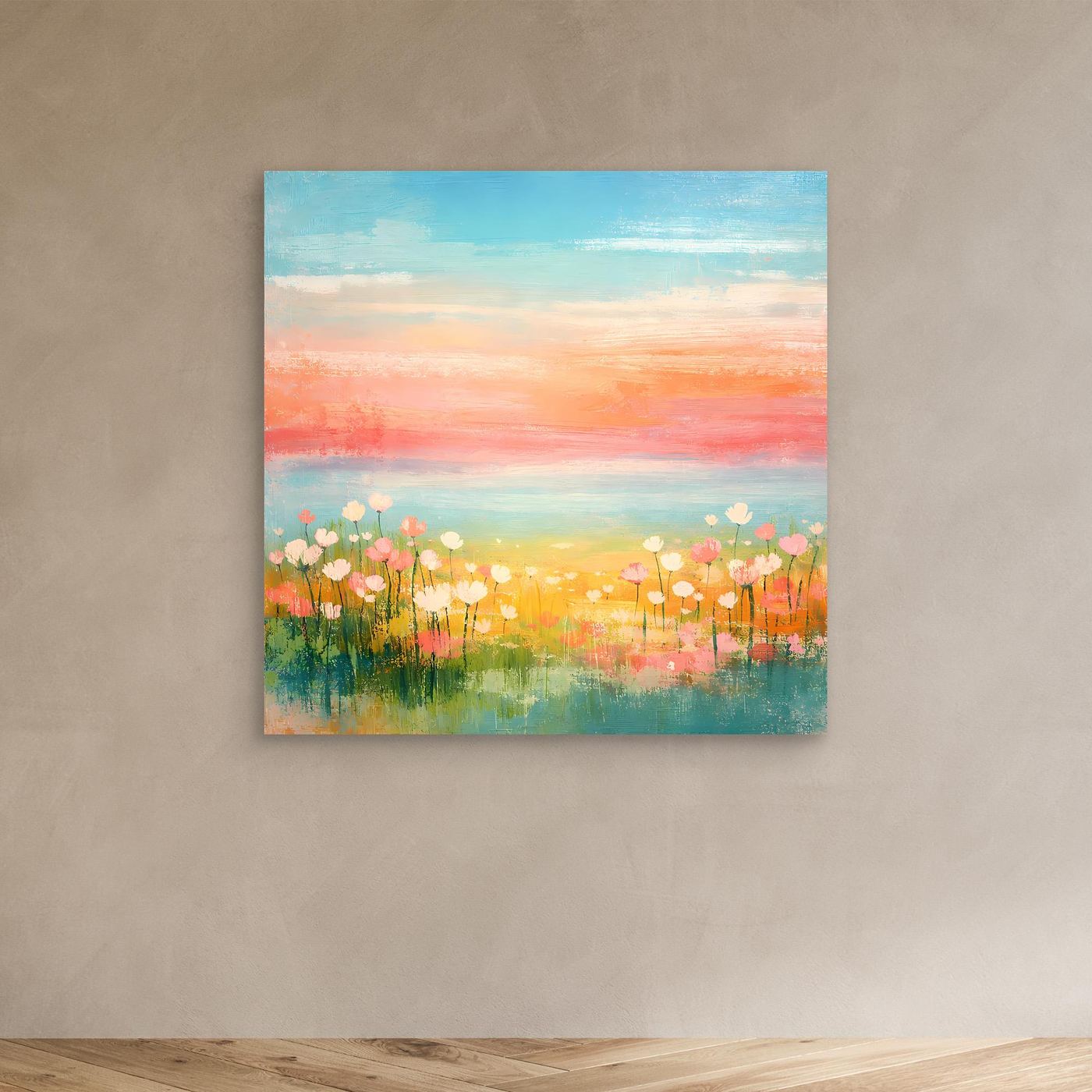 Abstraktes Leinwandbild: Blumenwiese am Meer mit Pastelllandschaft