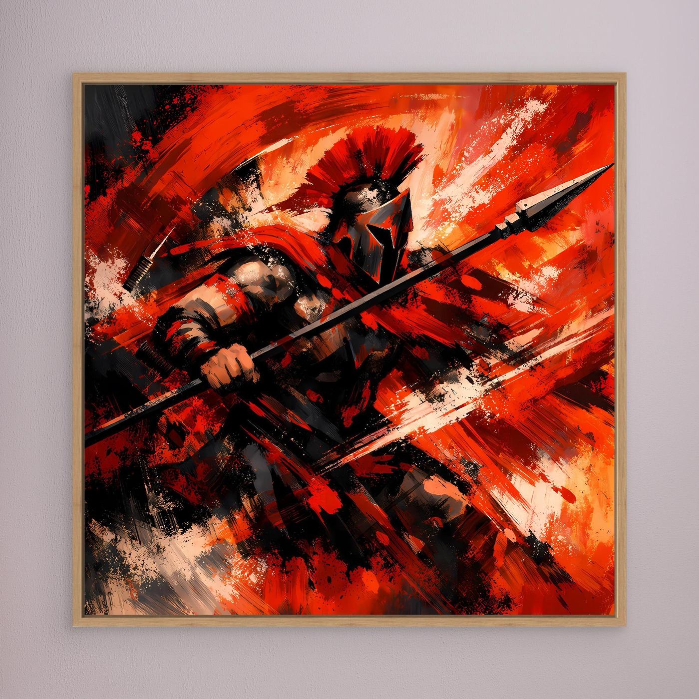 Gerahmtes Leinwandbild: Spartaner-Krieger in Rot/Orange, Speer und Schwert, goldbrauner Rahmen