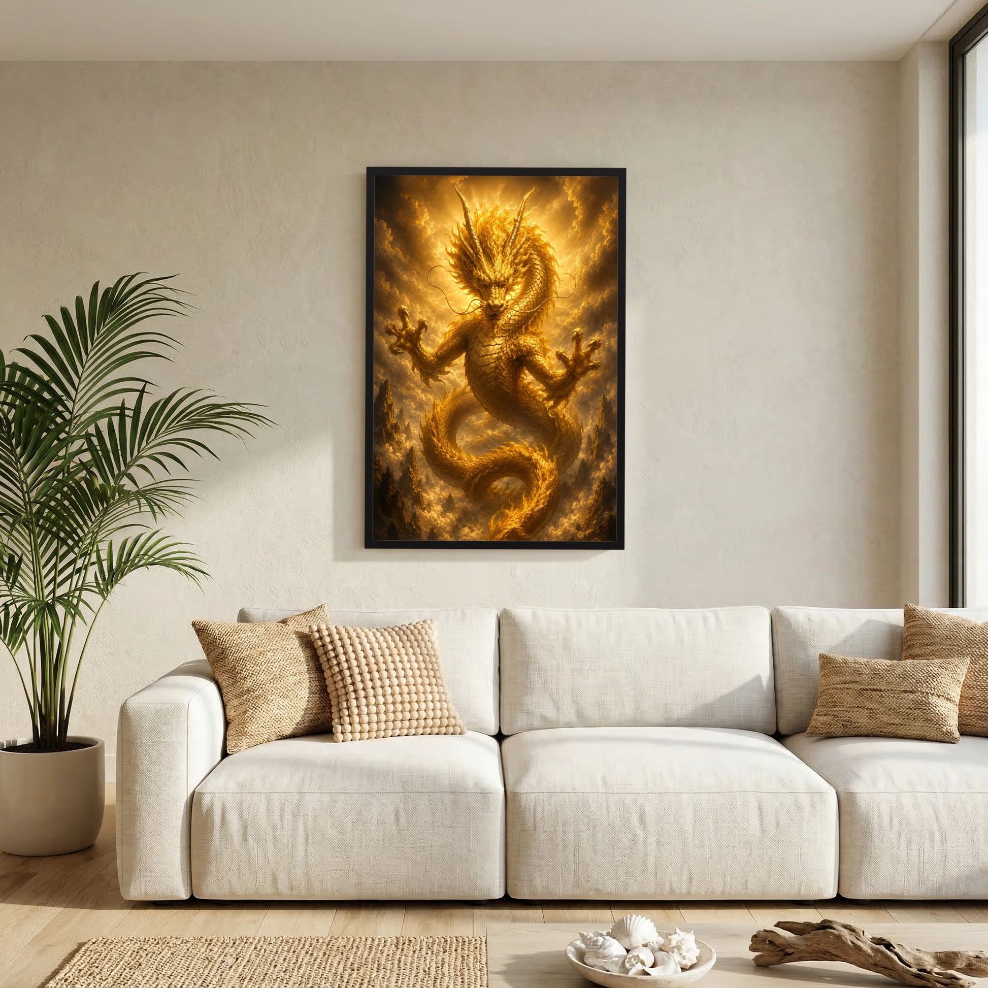 Poster im Hochformat mit goldenem chinesischem Drachen, schwarzer Bilderrahmen
