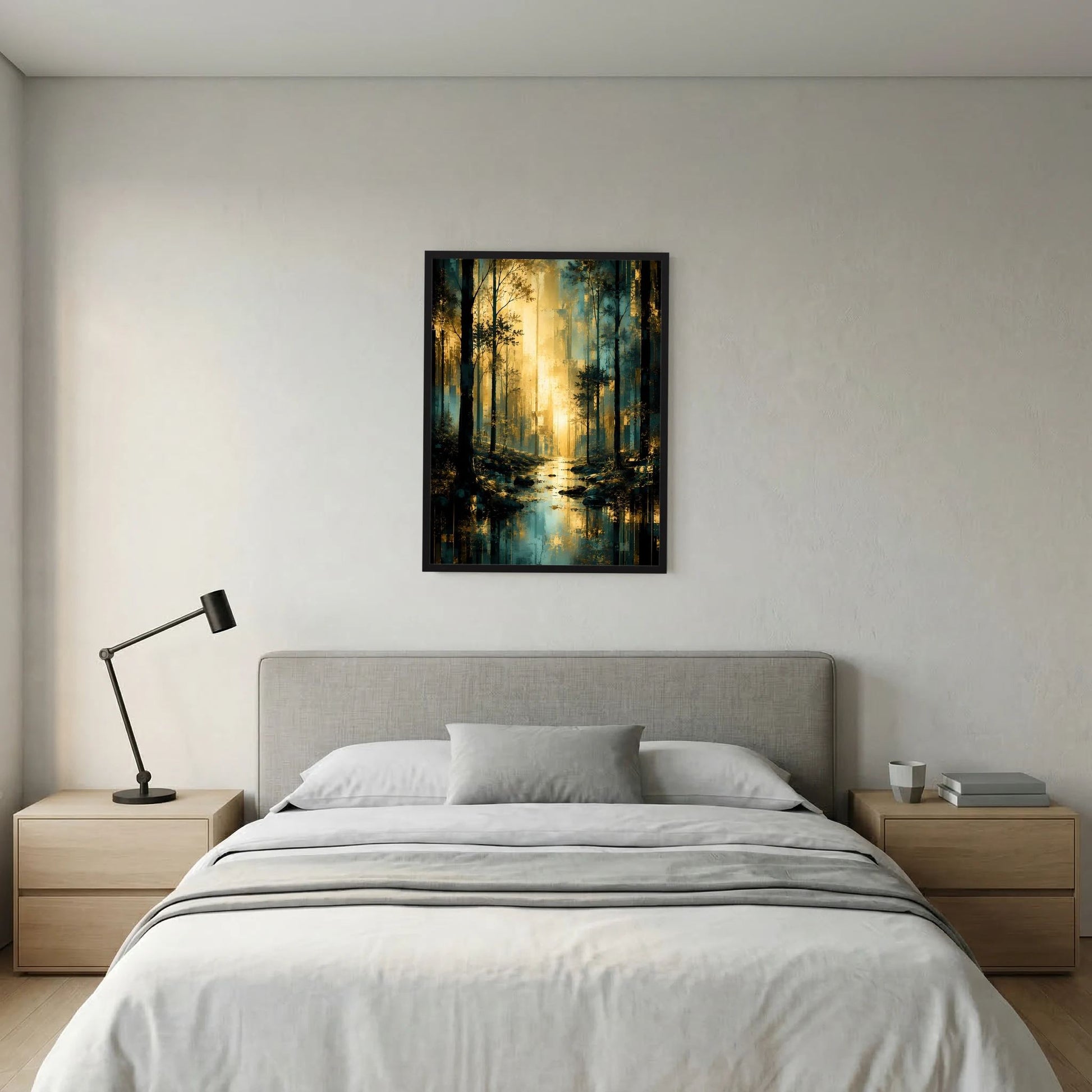 Hochformat-Poster mit Waldmotiv in Türkis und Gold und schwarzem Rahmen am Kopfende