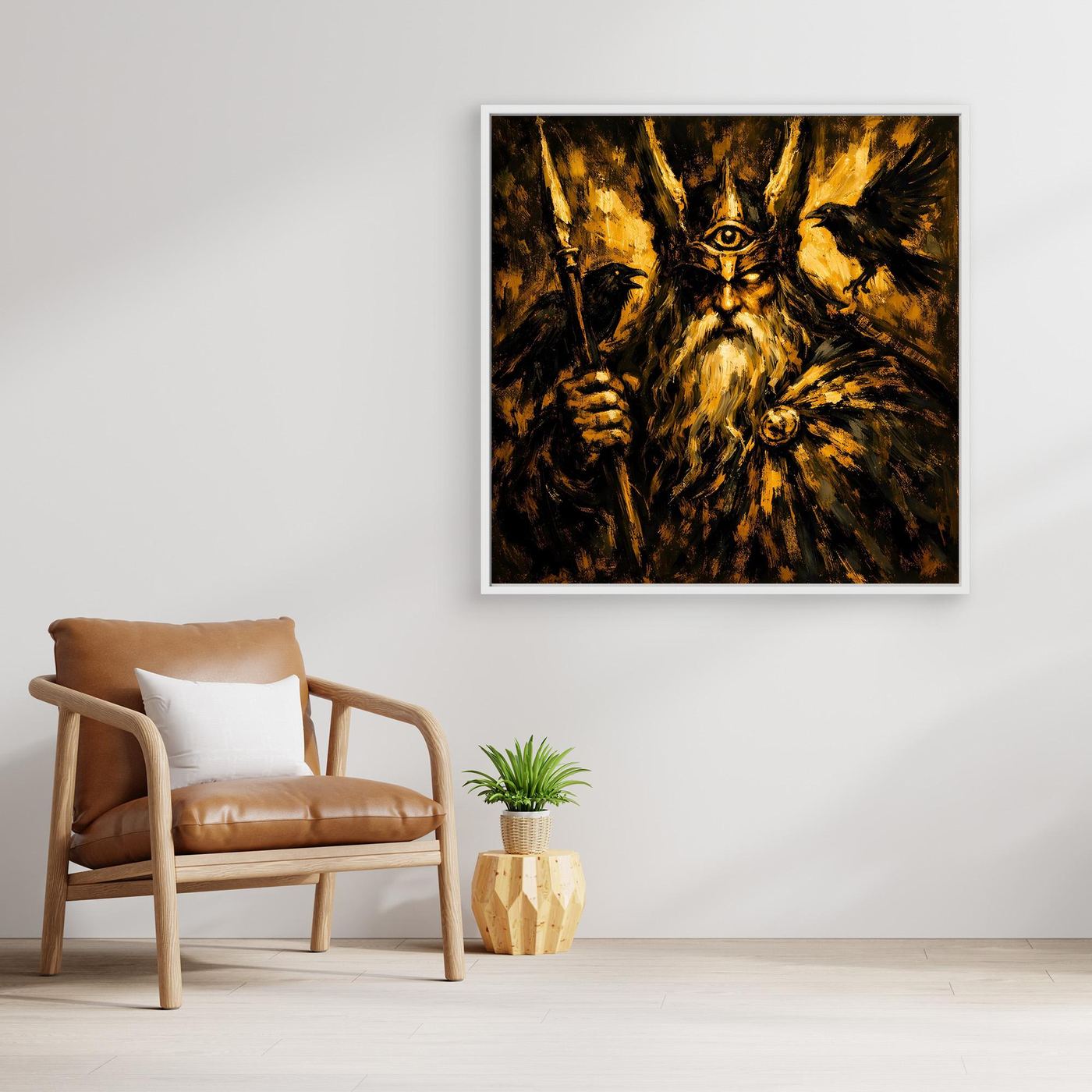 Leinwand Mythischer Allvater Odin in Goldoptik | Abstraktes Wikinger Götter Wandbild