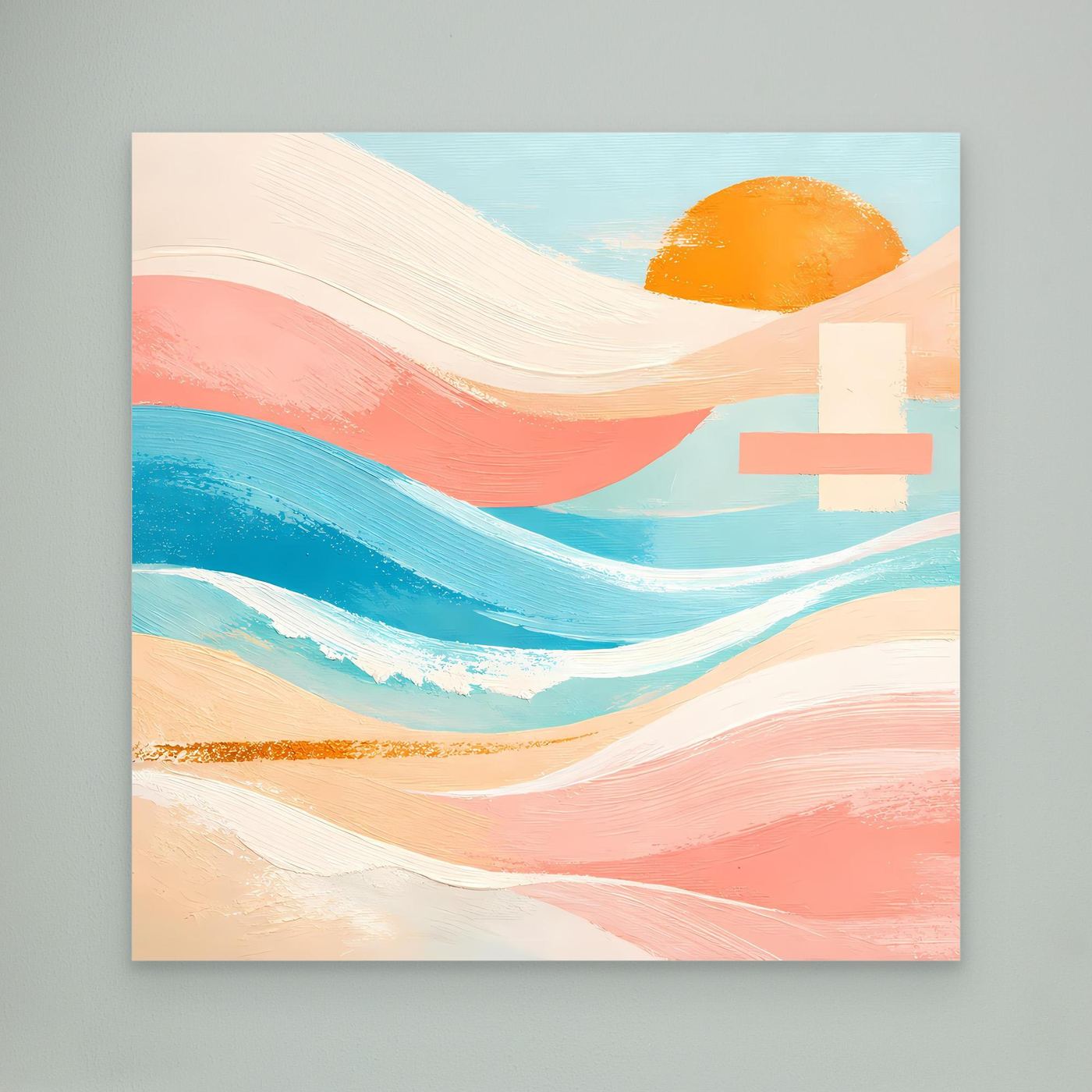 Abstraktes Leinwandbild mit Meer- und Sonnenmotiv ohne Rahmen, Pastellfarben