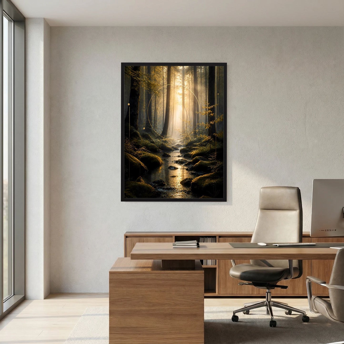 Hochformatiges Poster im schwarzen Rahmen: Wald und Bachlauf mit goldener Lichtquelle im Hintergrund