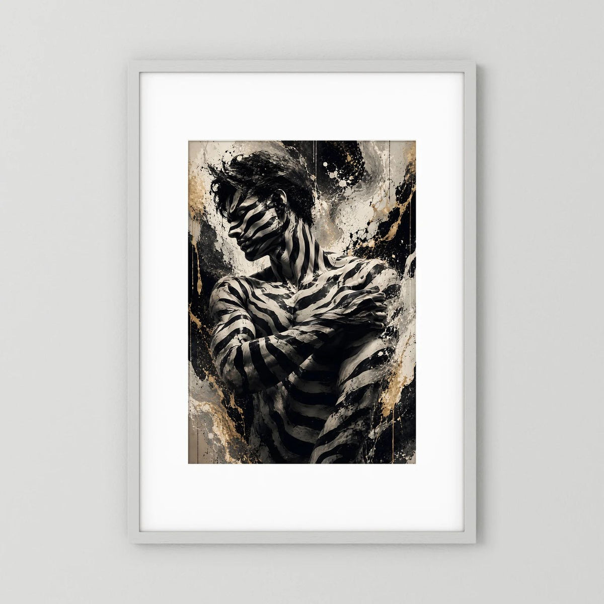 Abstrakte figurative Wandkunst im Hochformat: Zebra-Motiv in Schwarz und Gold, gerahmt