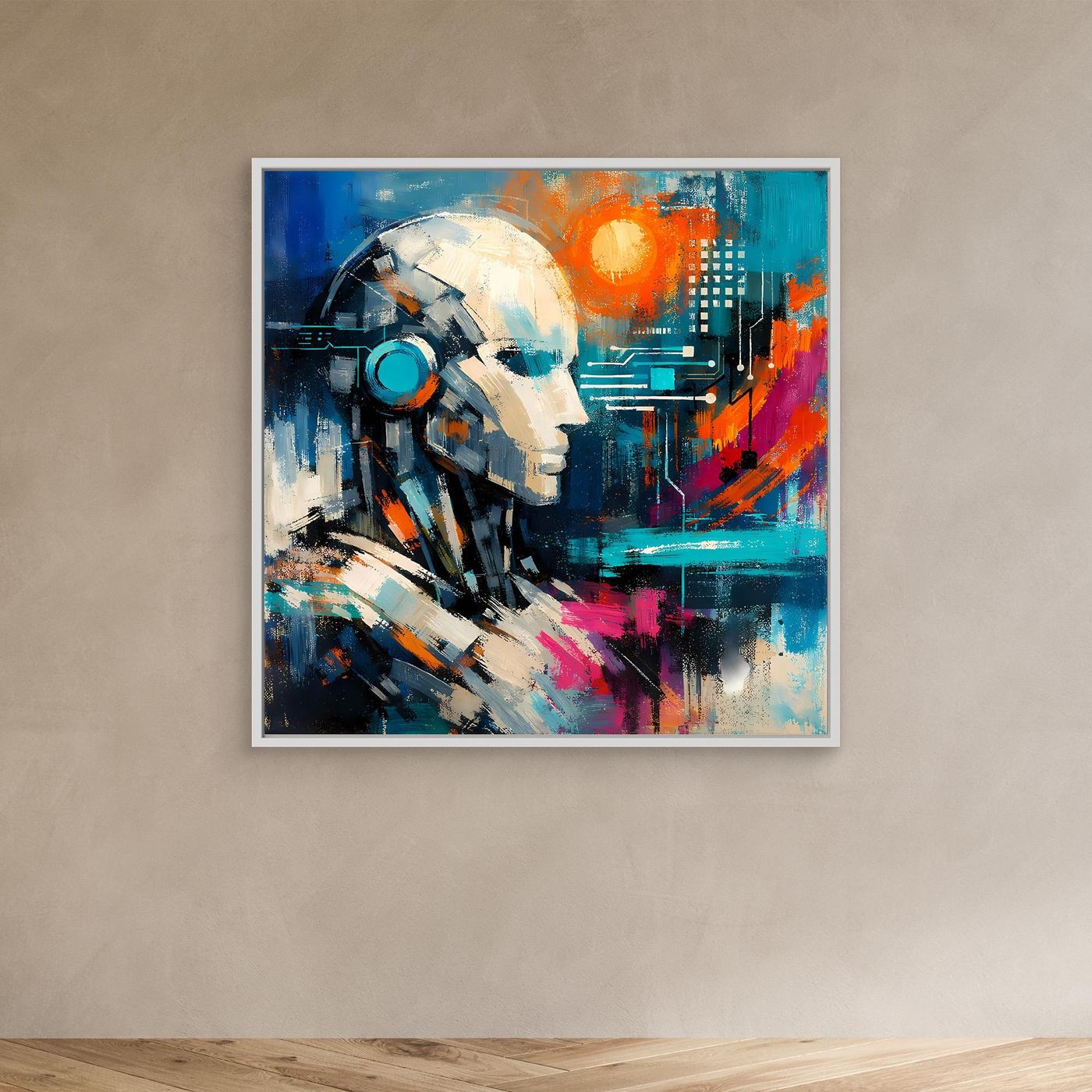 Abstract canvas print with white frame: robotic face in blue with orange and pink circuitry