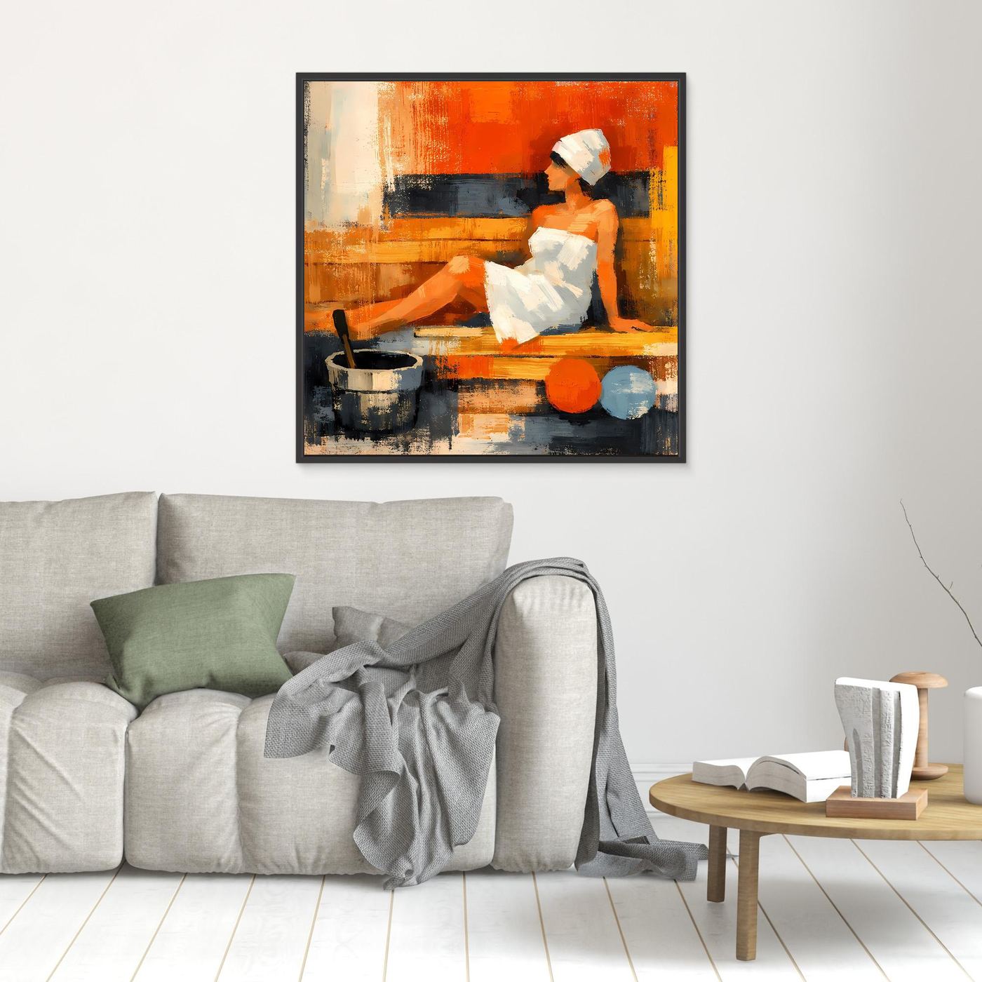 Small framed canvas wall art: abstract sauna woman seated by table, bucket and colorful spheres