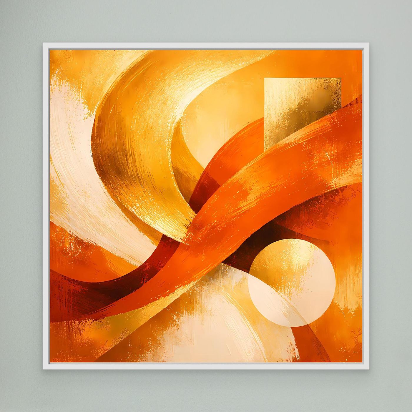 Abstraktes Leinwandbild mit goldenen und roten Wellen auf warm-orangefarbenem Hintergrund, weiß gerahmt.