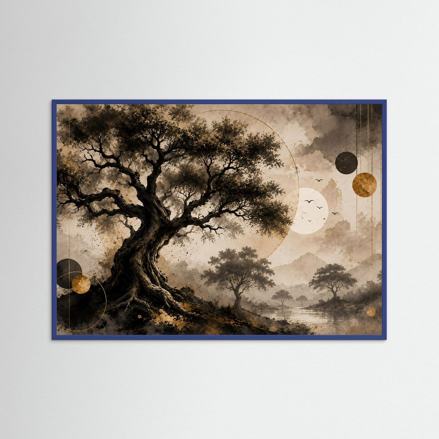 Abstrakte Natur-Wandkunst im Querformat, dunkler Baum, Gold-Beige, blauer Rahmen